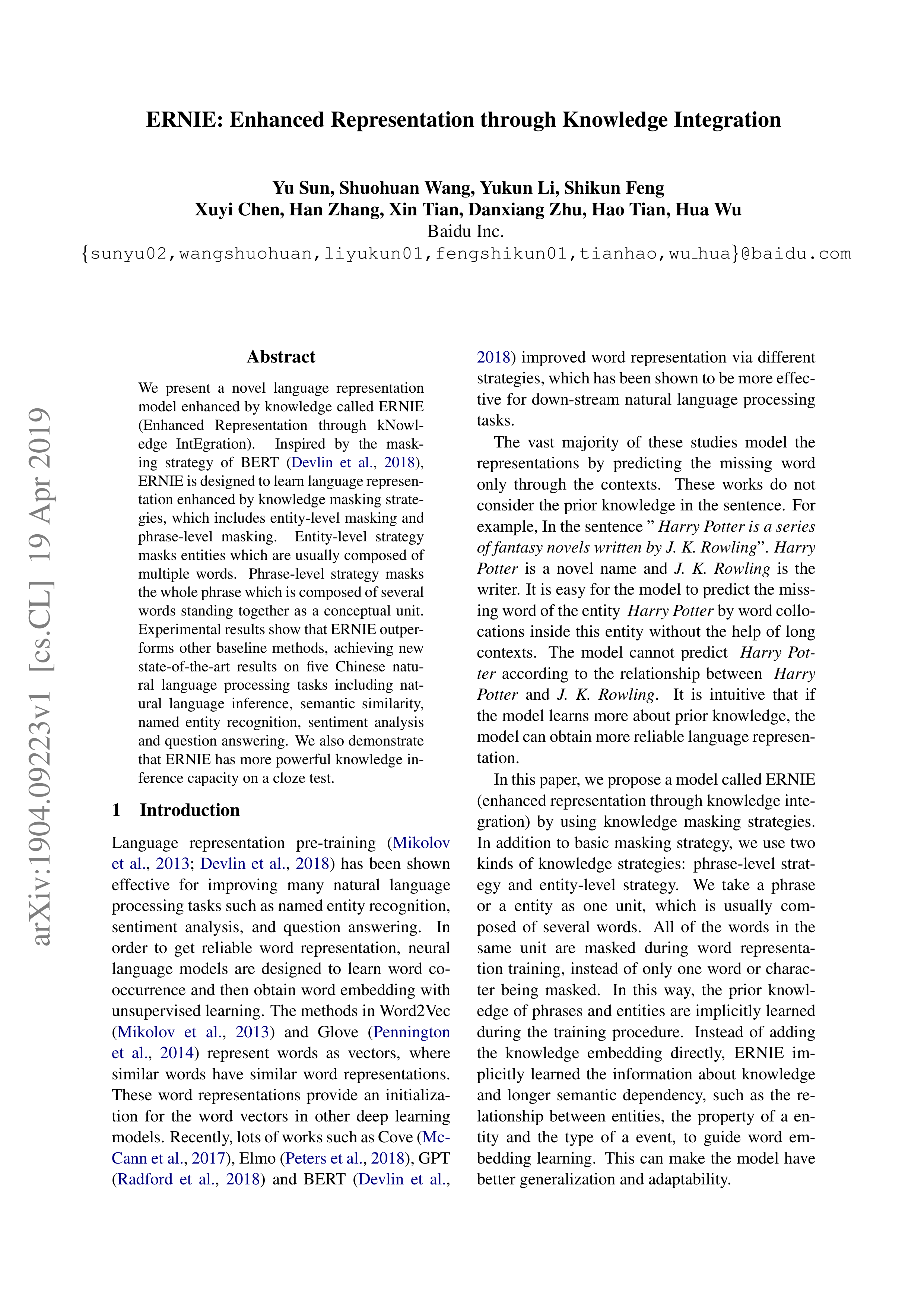 ERNIE Research Paper by Baidu — page 1