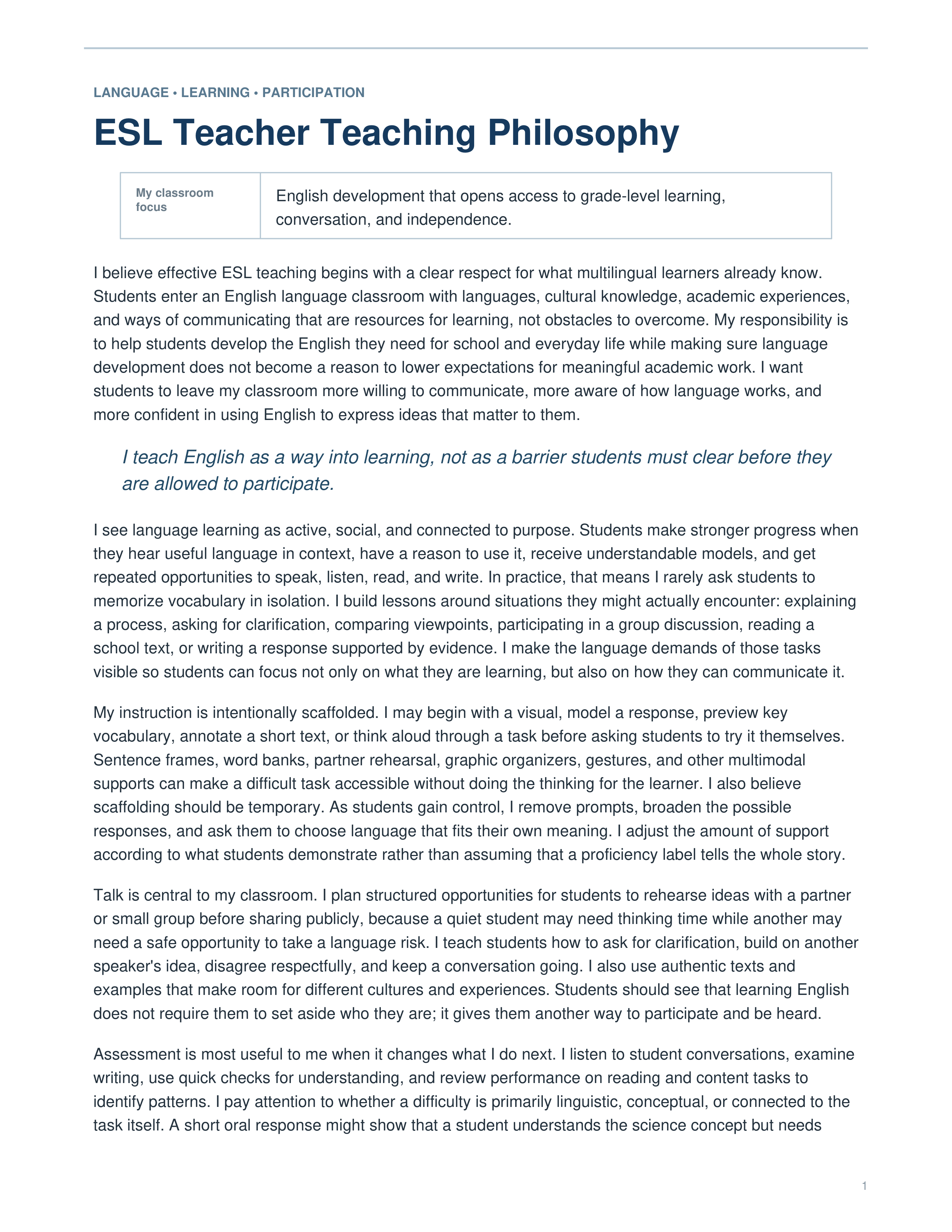 ESL Teacher Teaching Philosophy — page 1