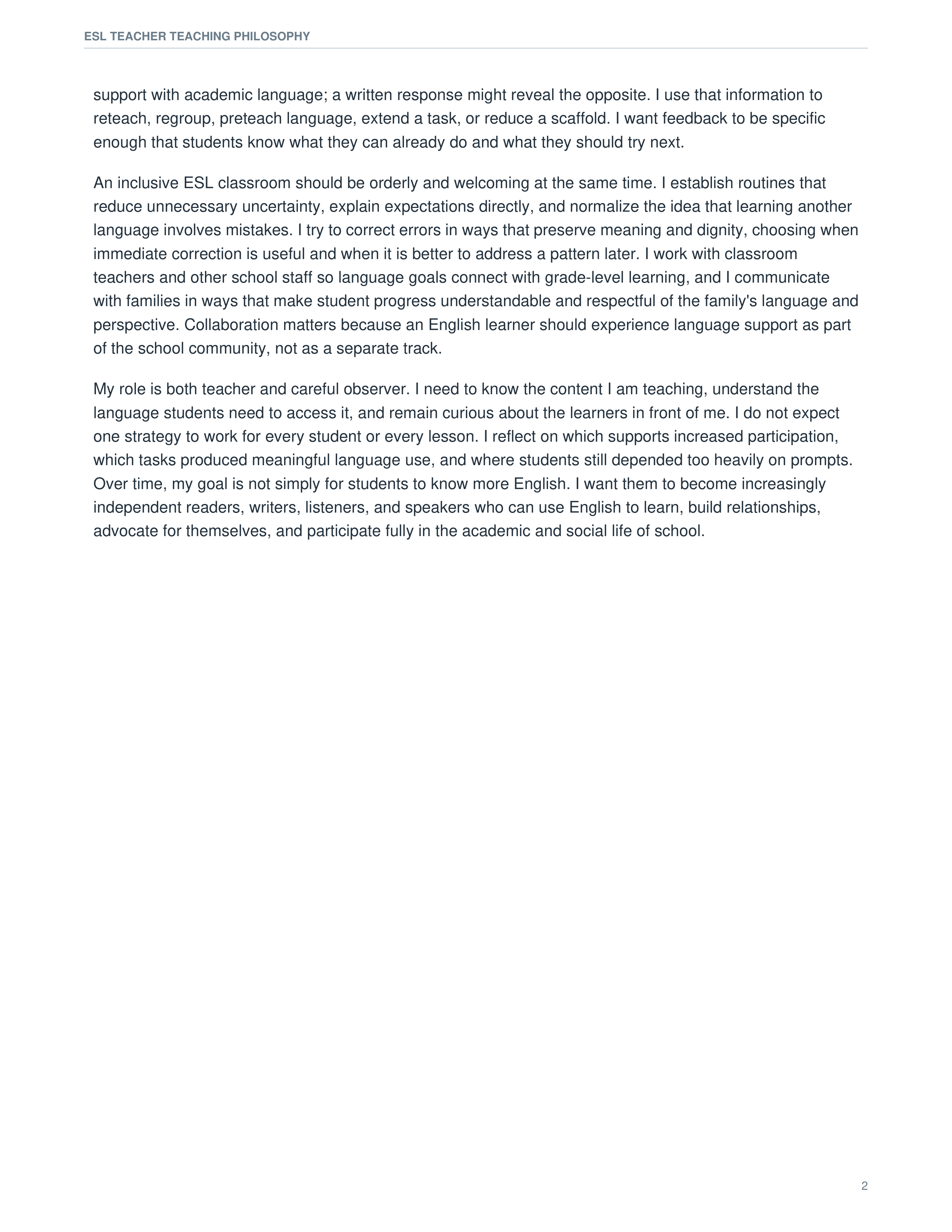 ESL Teacher Teaching Philosophy — page 2
