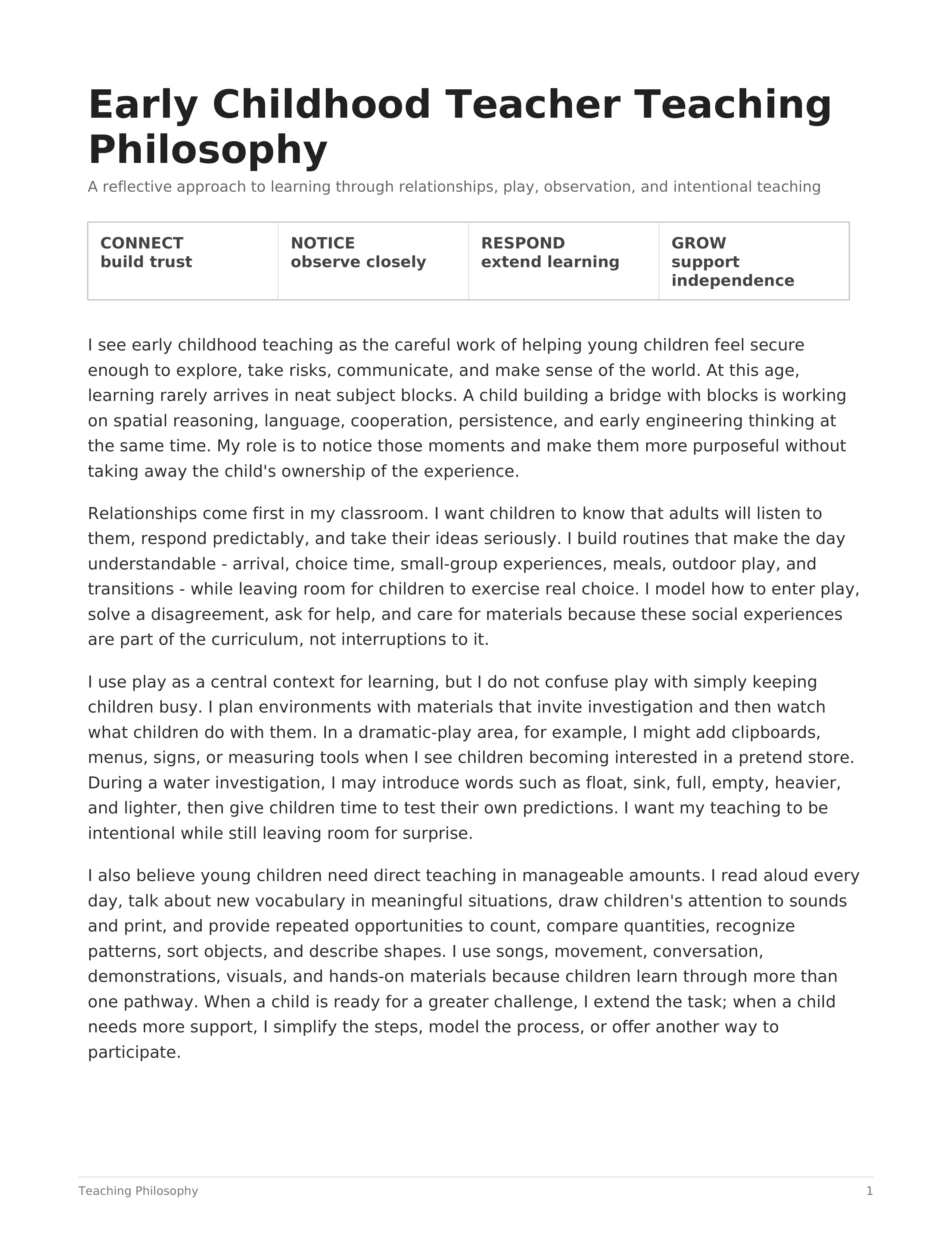 Early Childhood Teacher Teaching Philosophy — page 1