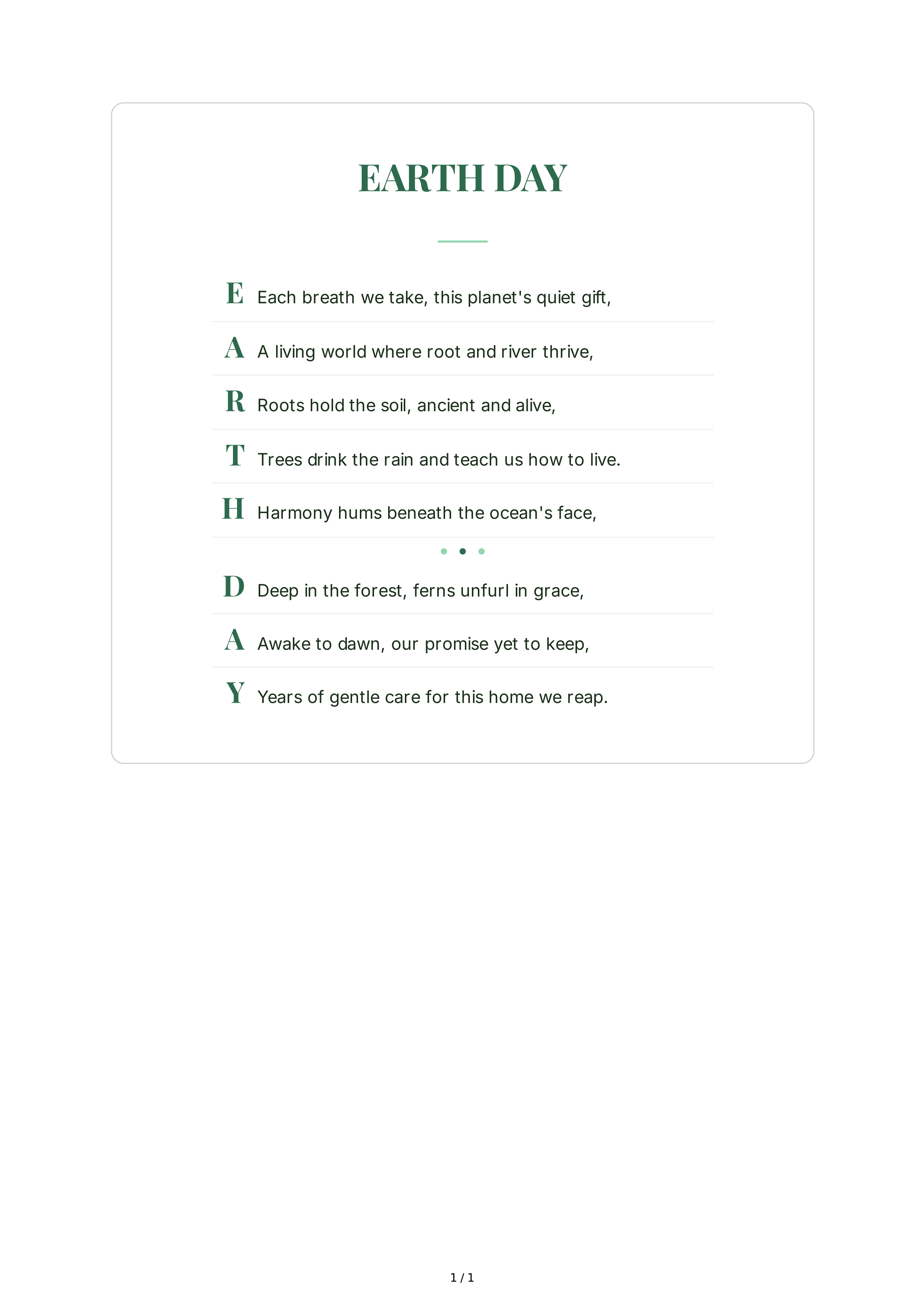 Earth Day Acrostic Poem — page 1