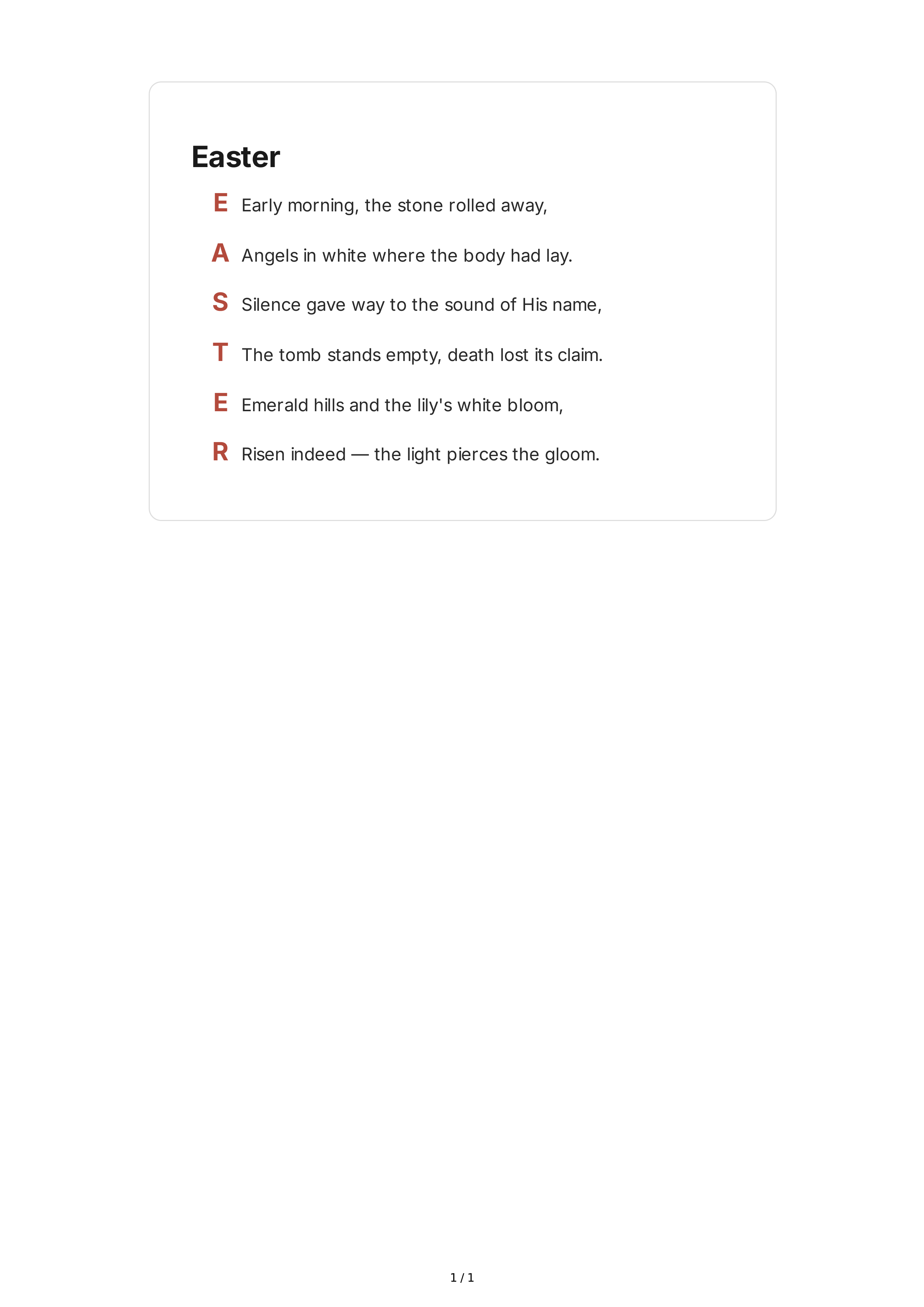 Easter Acrostic Poem — page 1