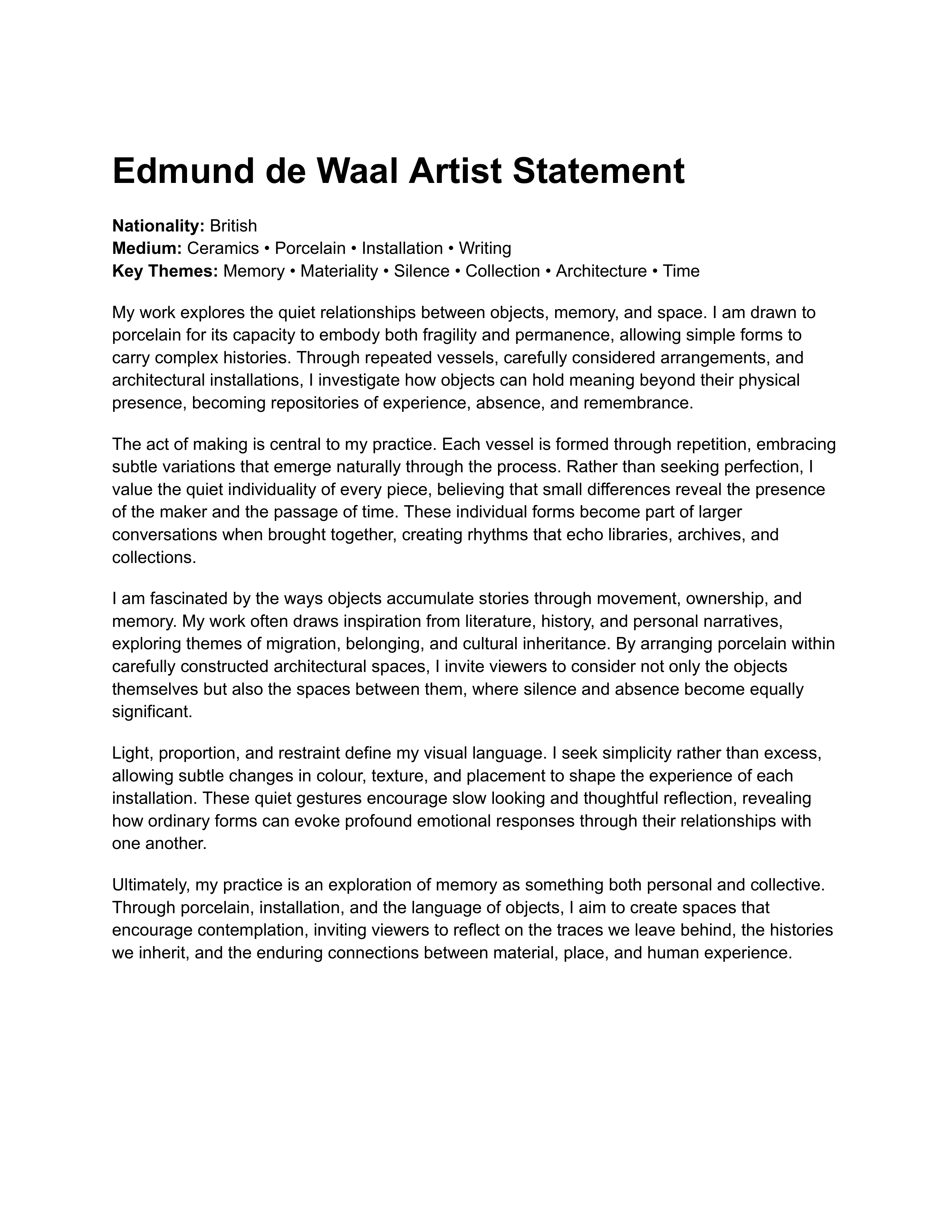 Edmund de Waal Artist Statement — page 1