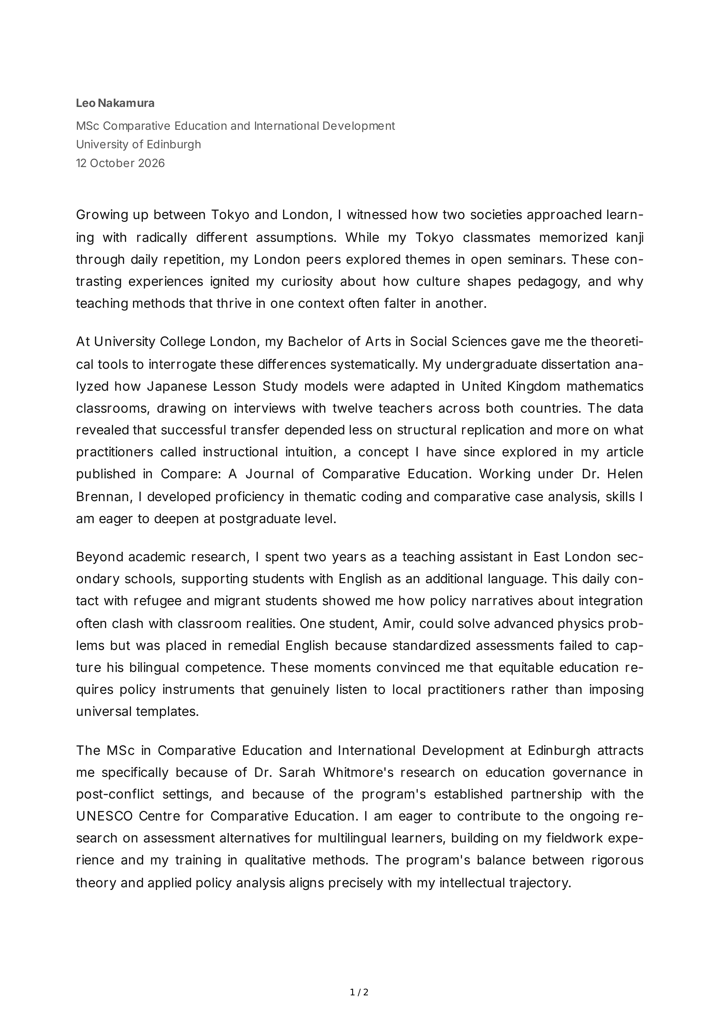 Education Personal Statement — page 1