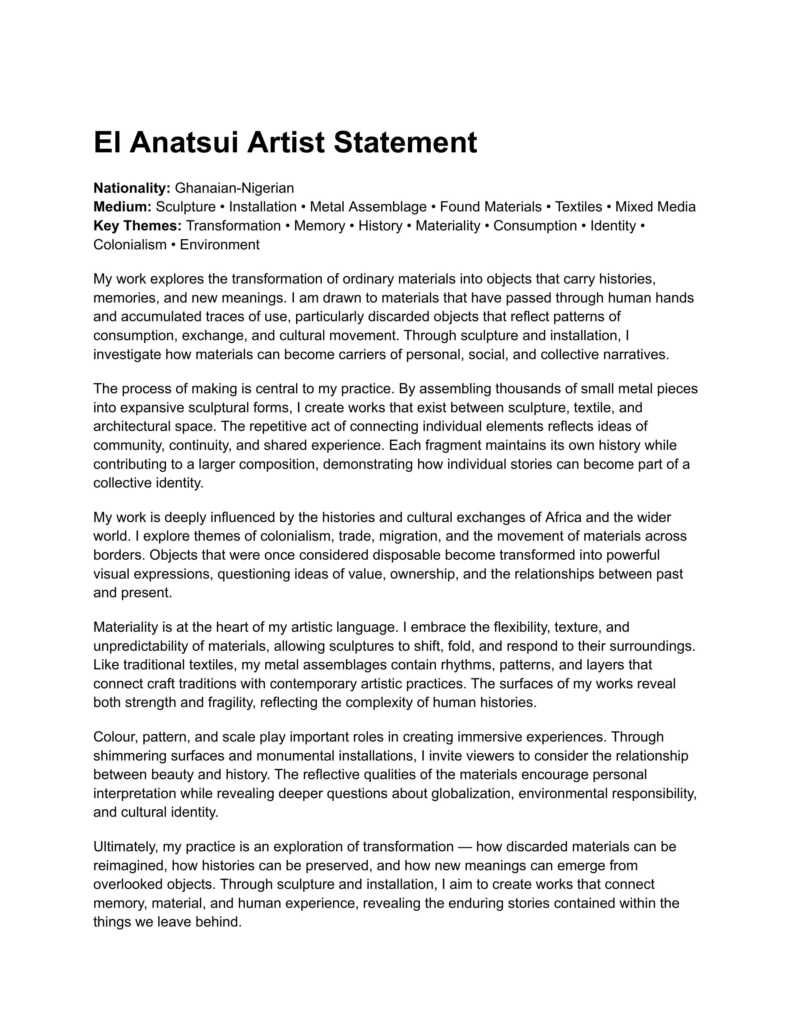 El Anatsui Artist Statement — page 1