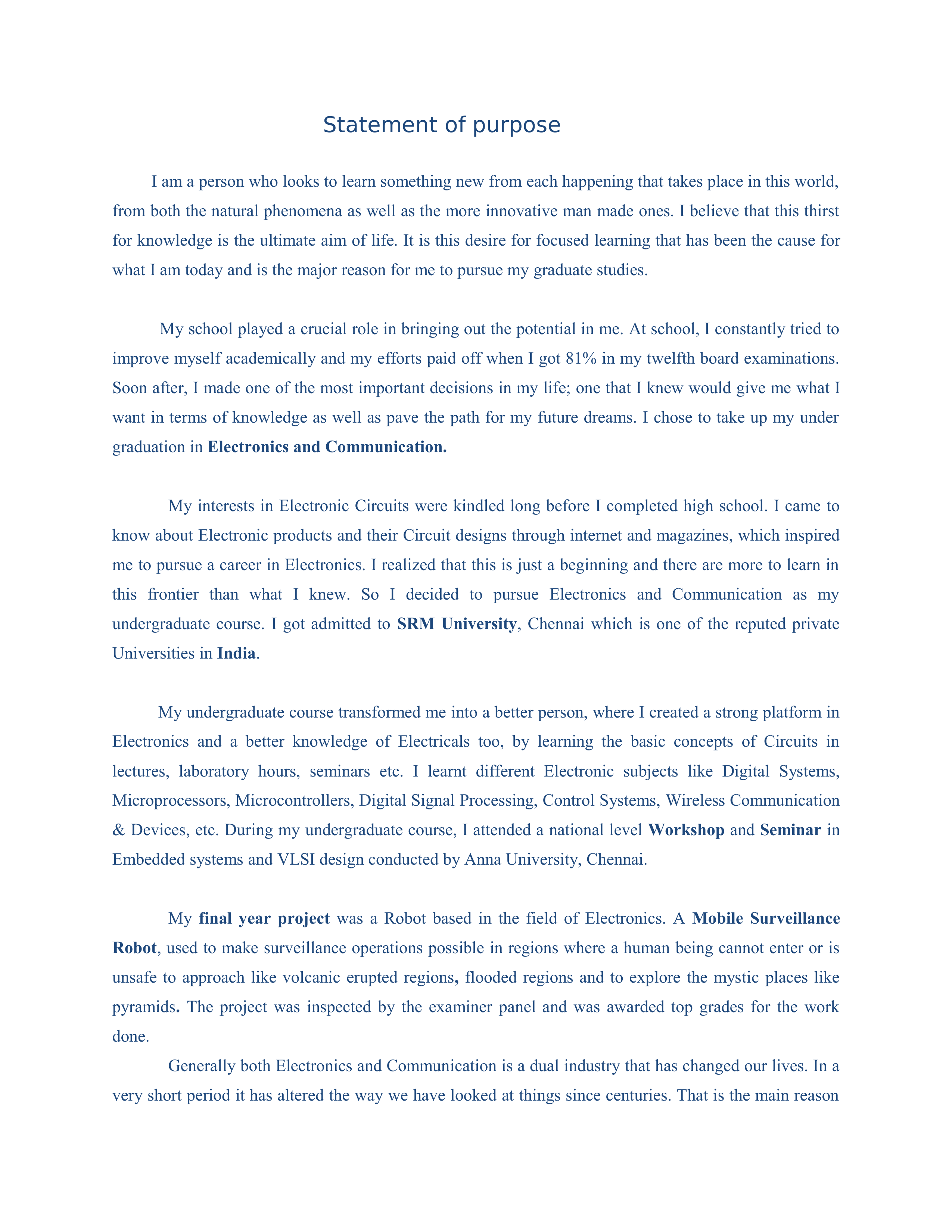 Electrical Engineer Statement of Purpose — page 1
