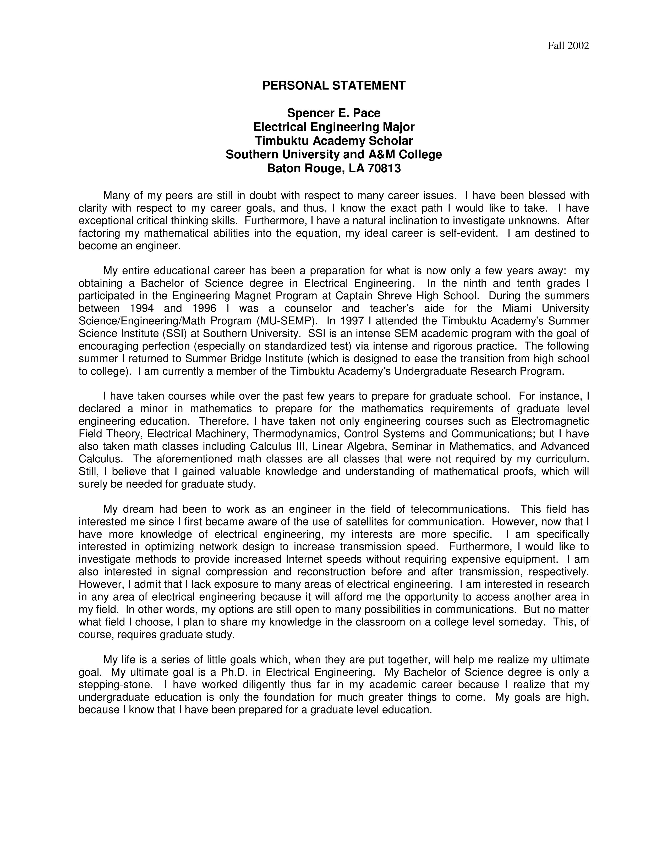 Electrical Engineering Personal Statement — page 1