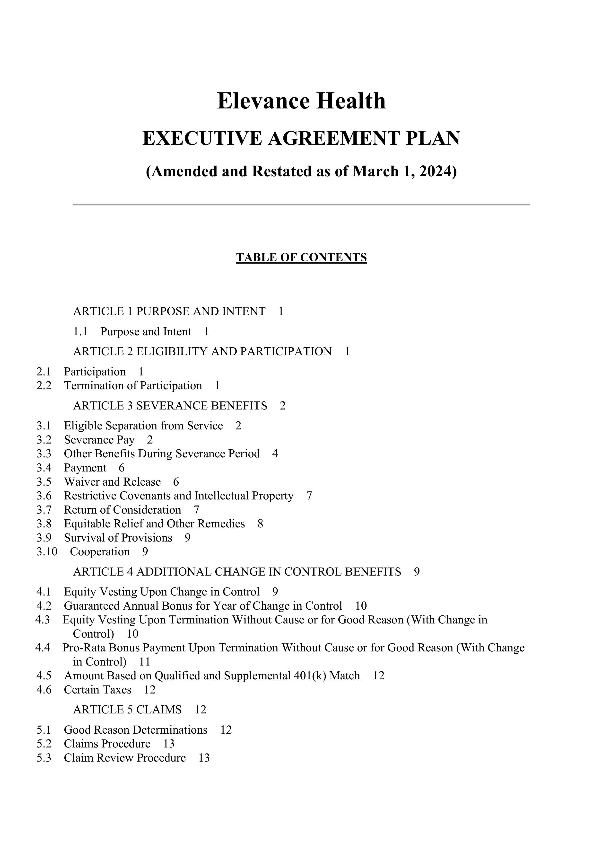 Elevance Health EXECUTIVE AGREEMENT PLAN — page 1