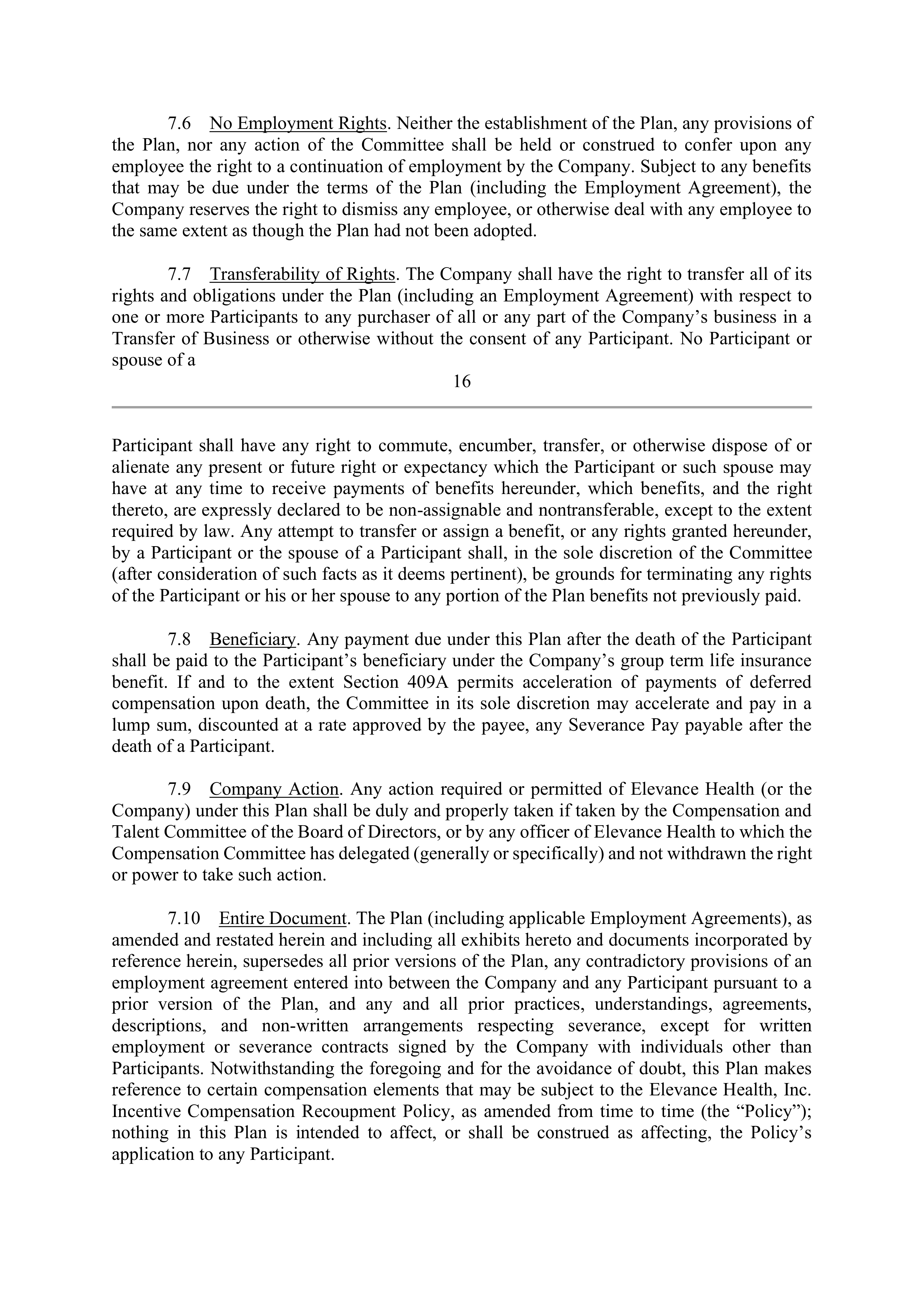 Elevance Health EXECUTIVE AGREEMENT PLAN — page 19