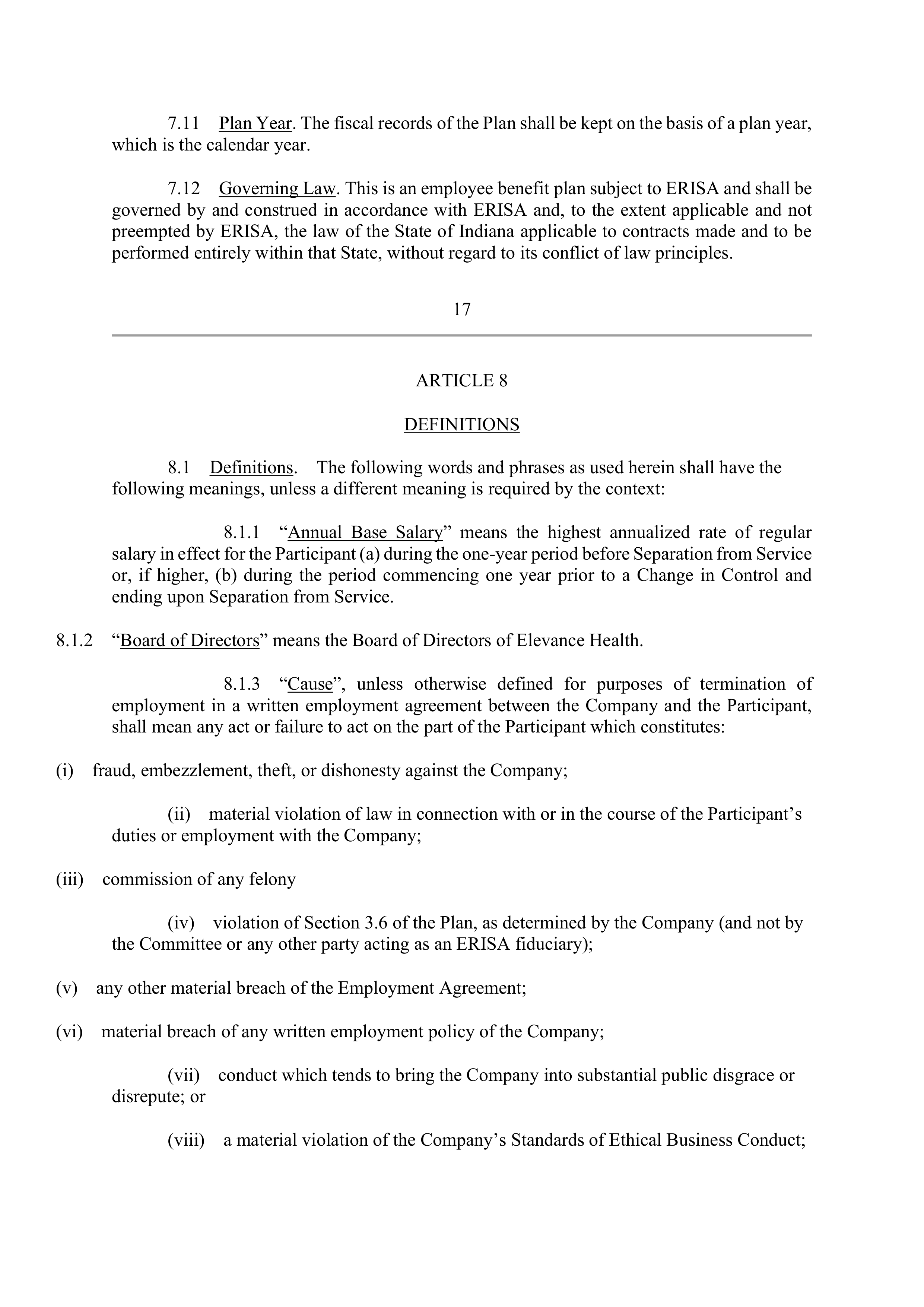 Elevance Health EXECUTIVE AGREEMENT PLAN — page 20
