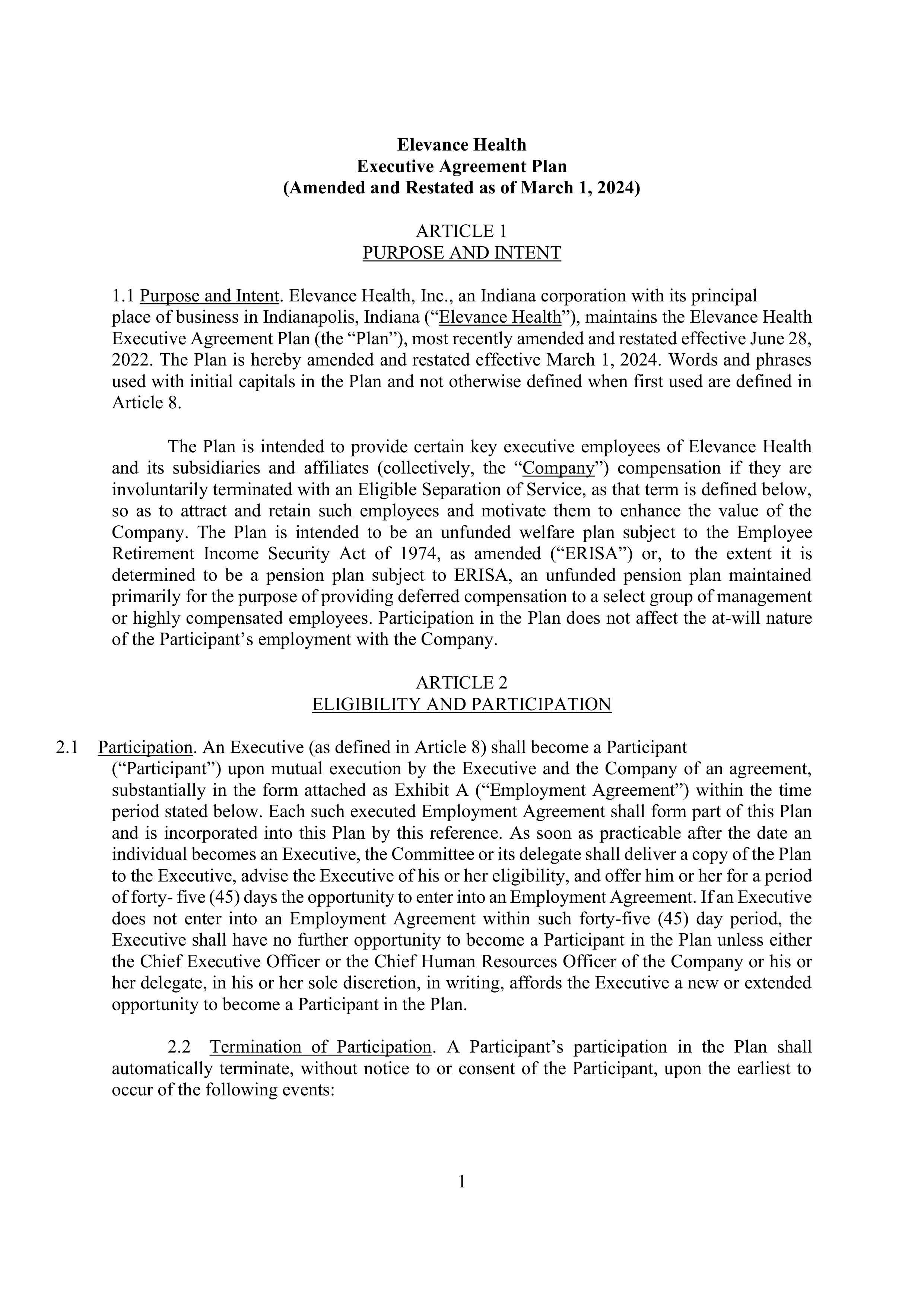 Elevance Health EXECUTIVE AGREEMENT PLAN — page 3