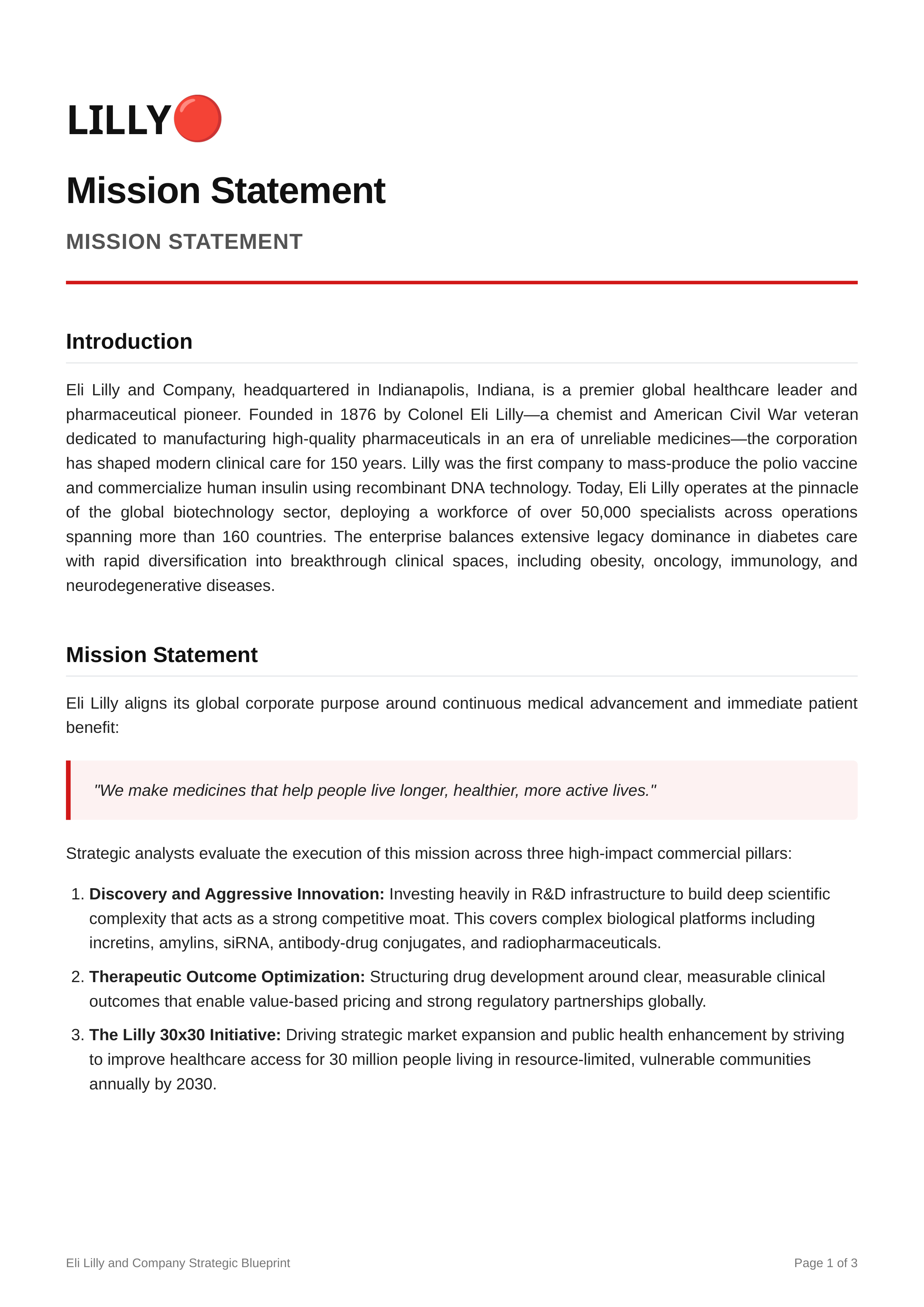 Eli Lilly Mission Statement — page 1