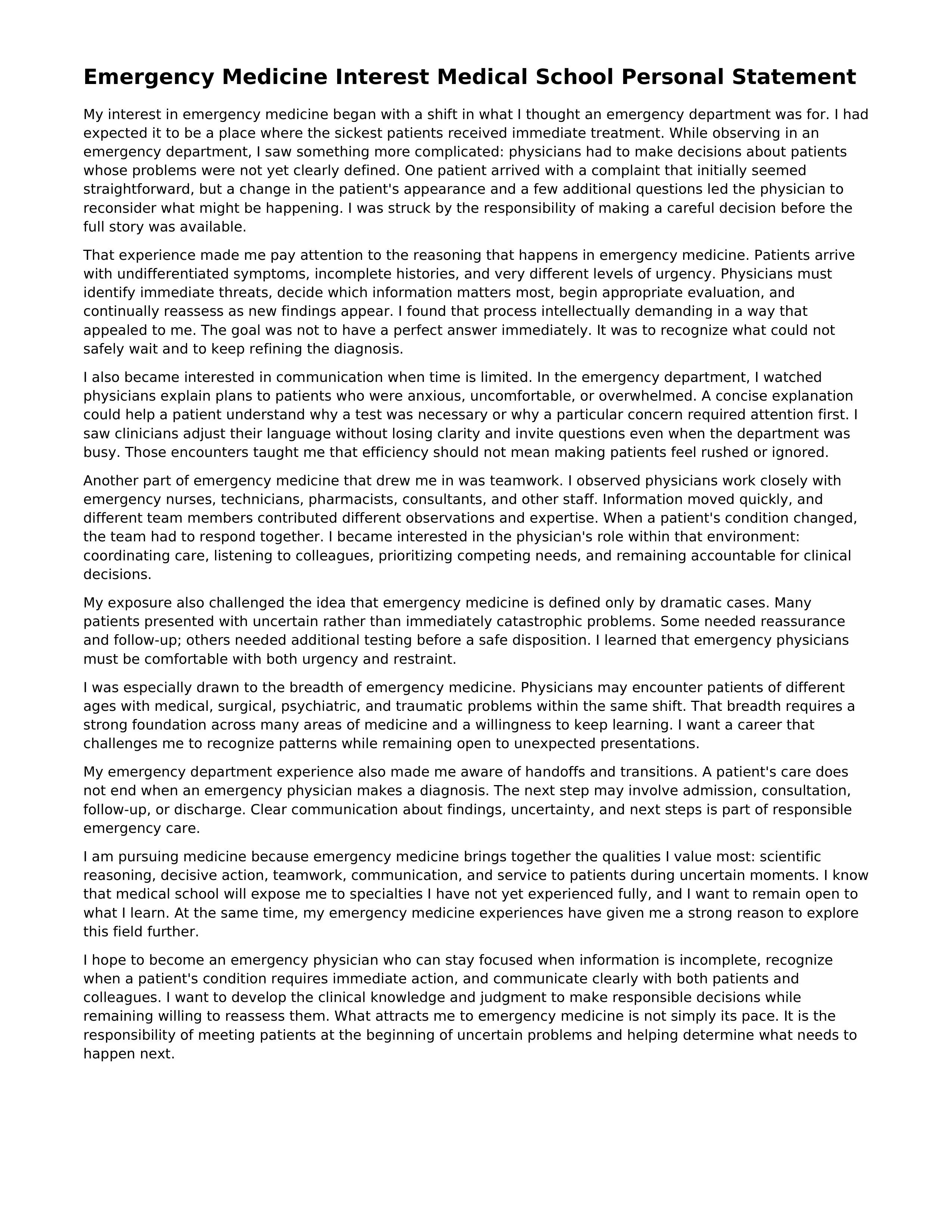 Emergency Medicine Interest Medical School Personal Statement — page 1