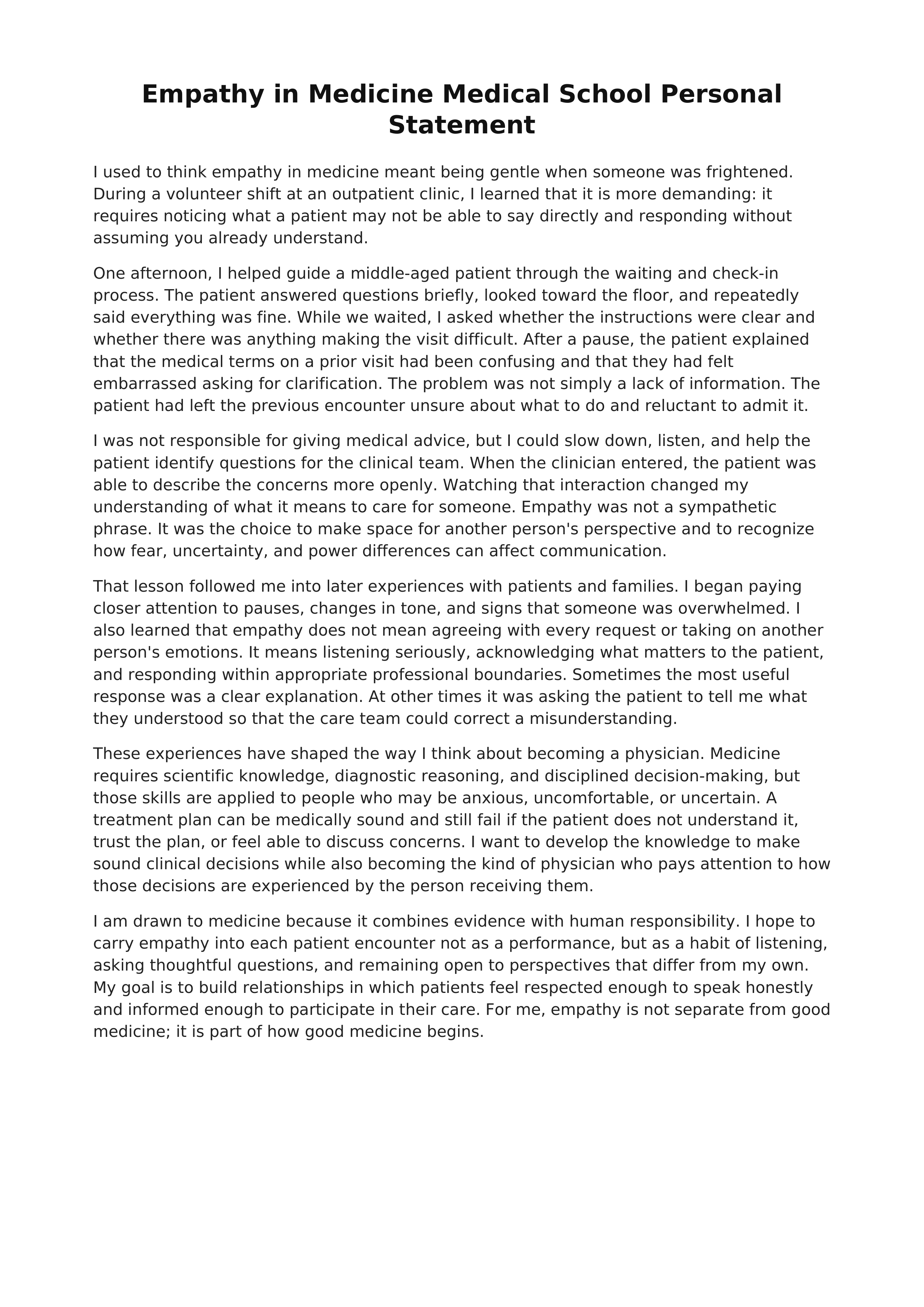 Empathy in Medicine Medical School Personal Statement — page 1