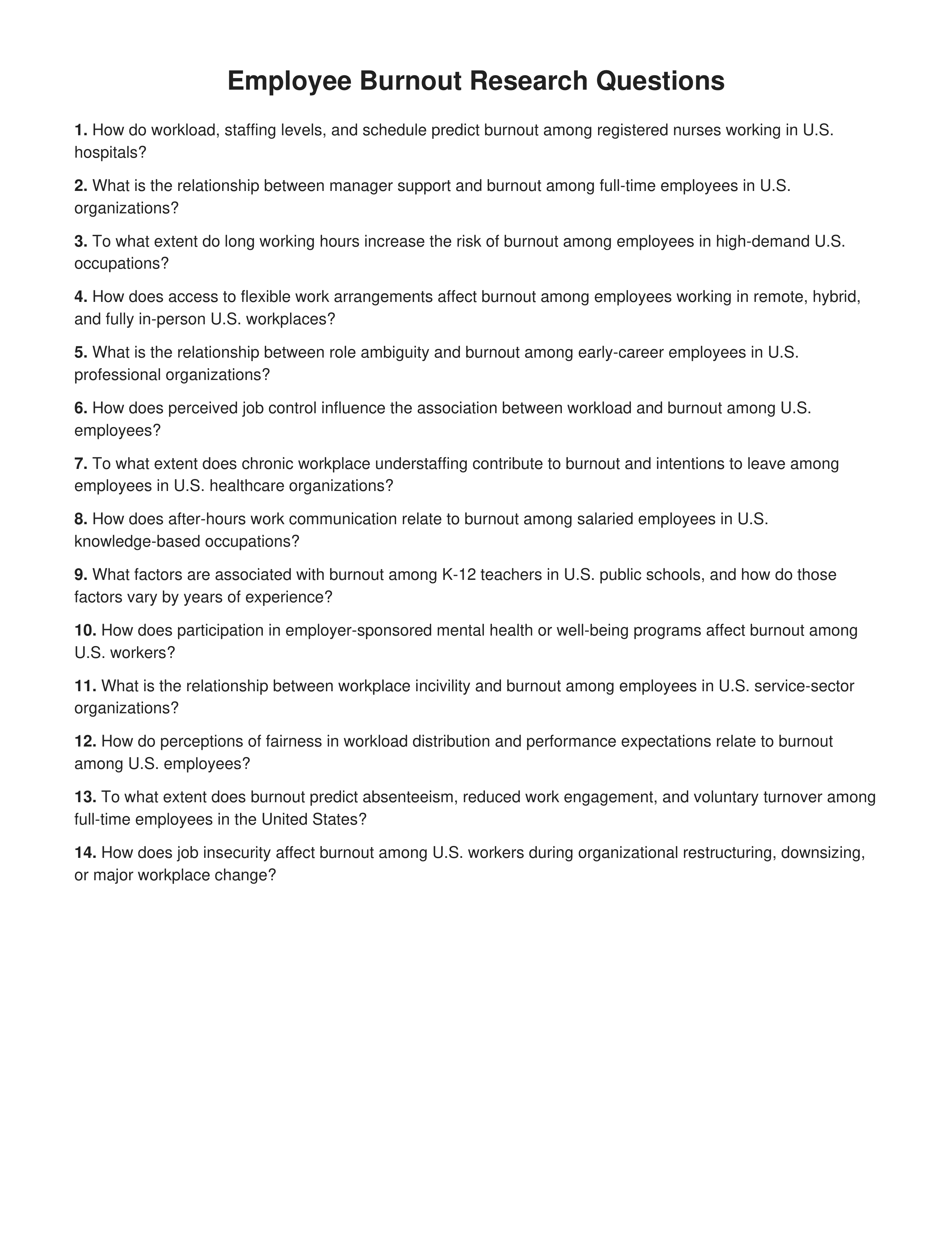Employee Burnout Research Questions — page 1