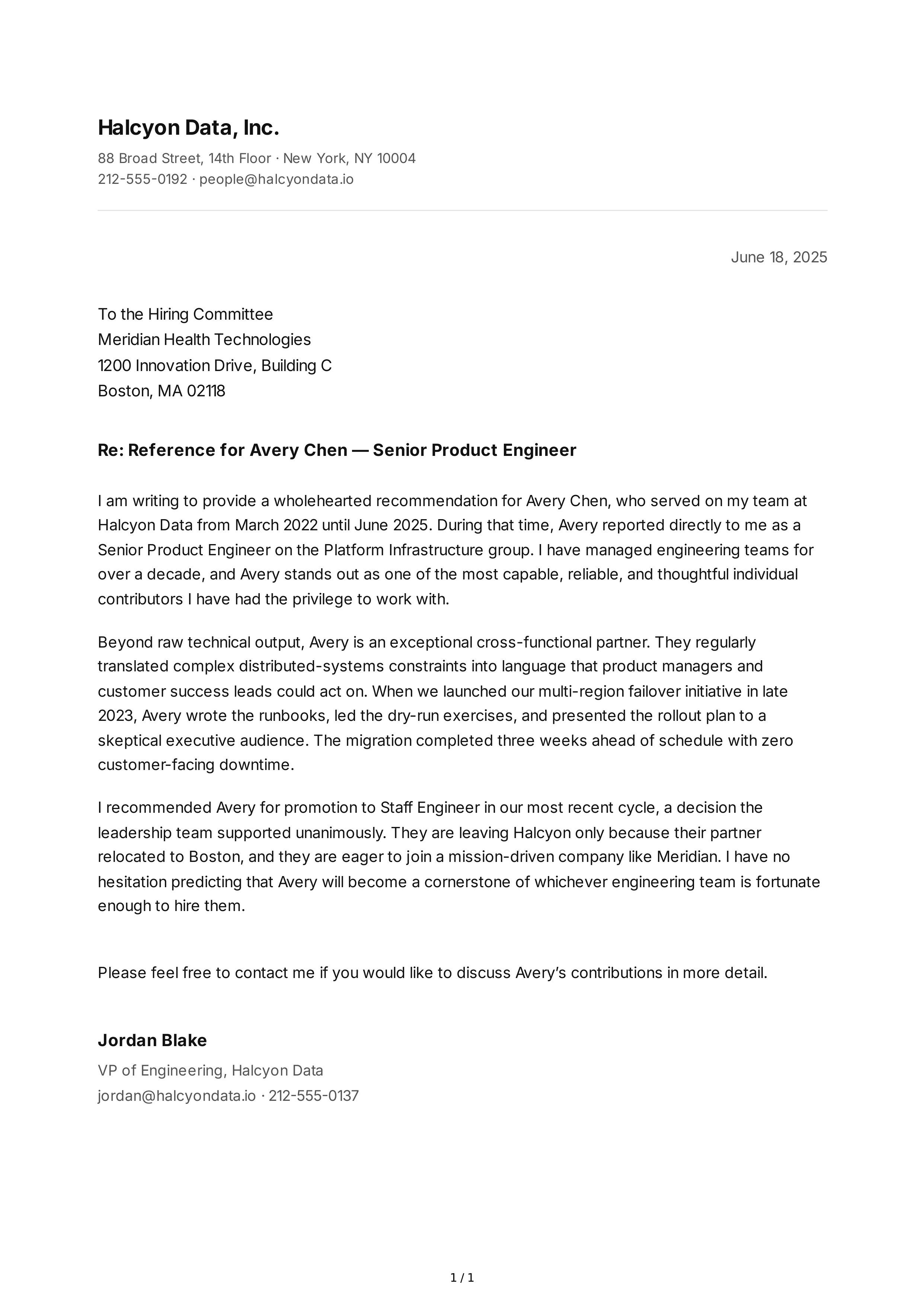 Employee Performance Reference Letter — page 1