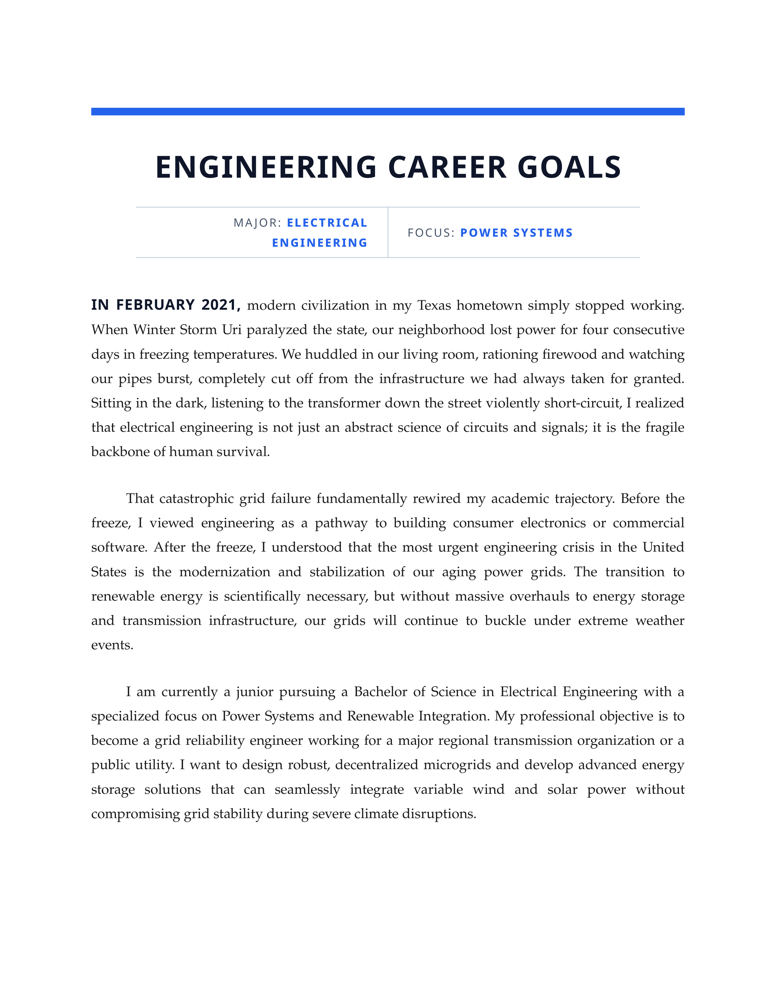Engineering Career Goals Scholarship Essay — page 1
