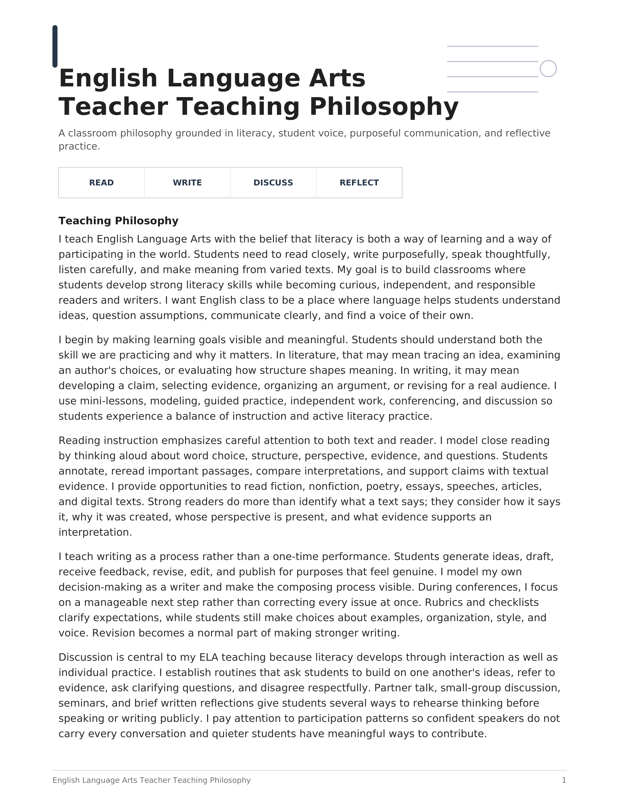 English Language Arts Teacher Teaching Philosophy — page 1