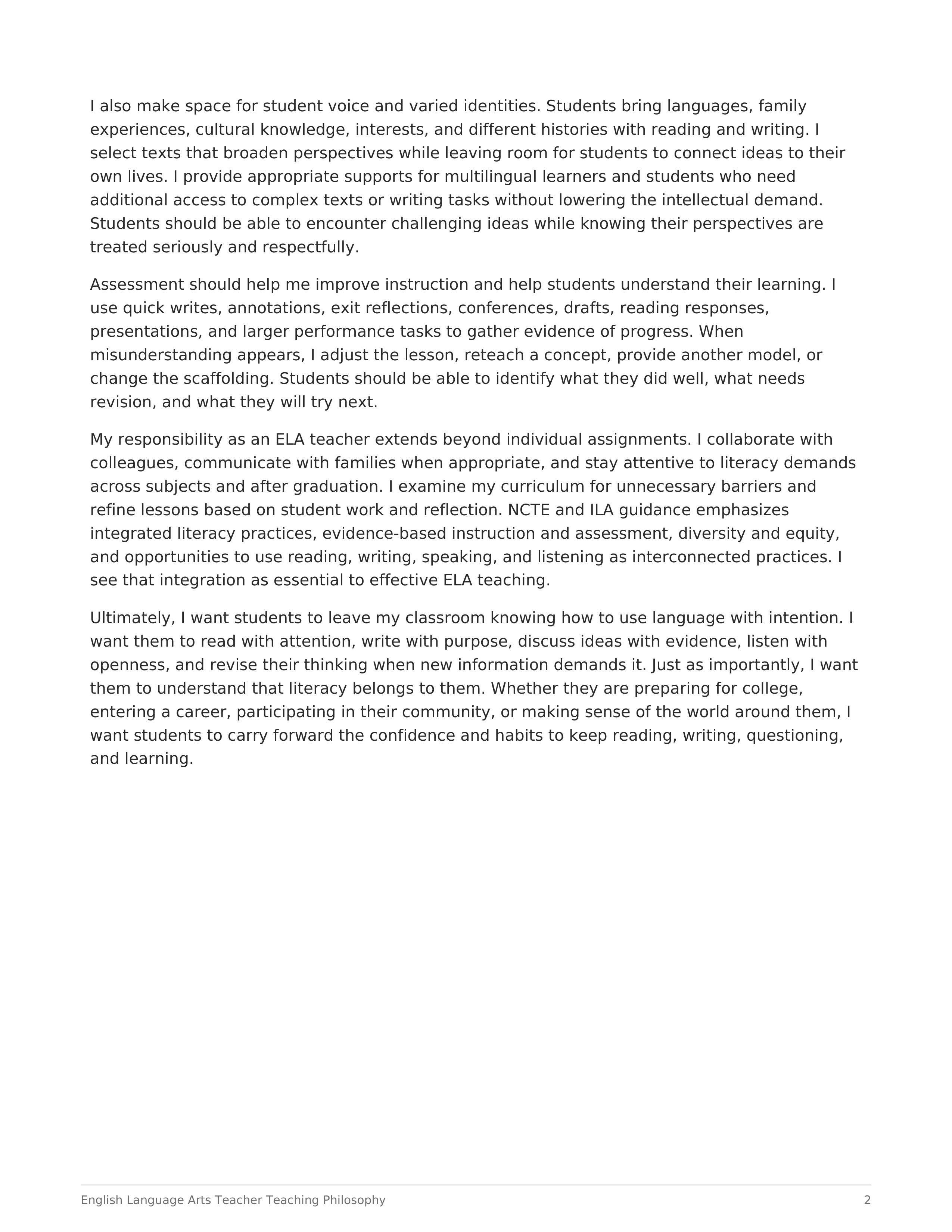English Language Arts Teacher Teaching Philosophy — page 2