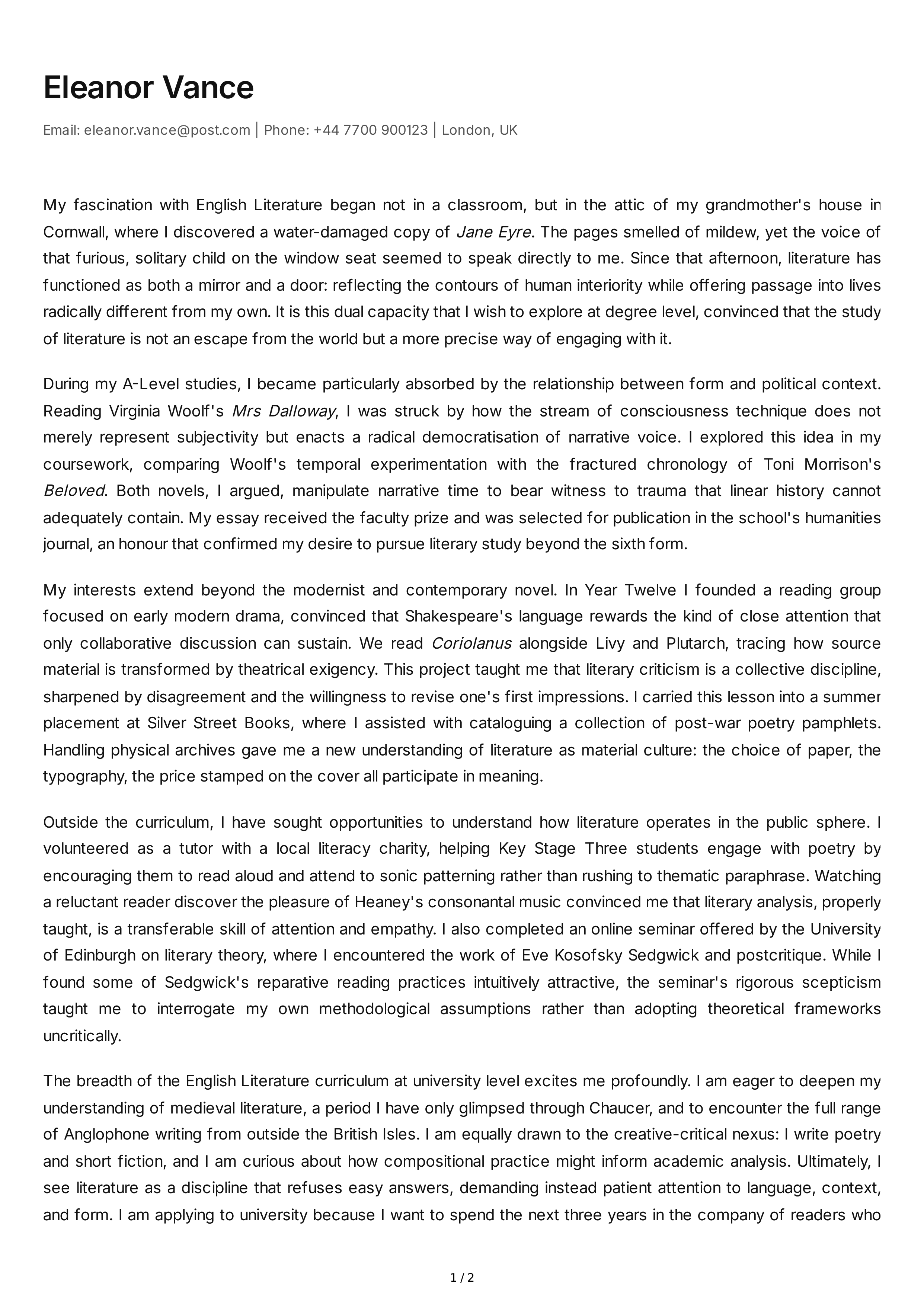 English Literature Personal Statement — page 1