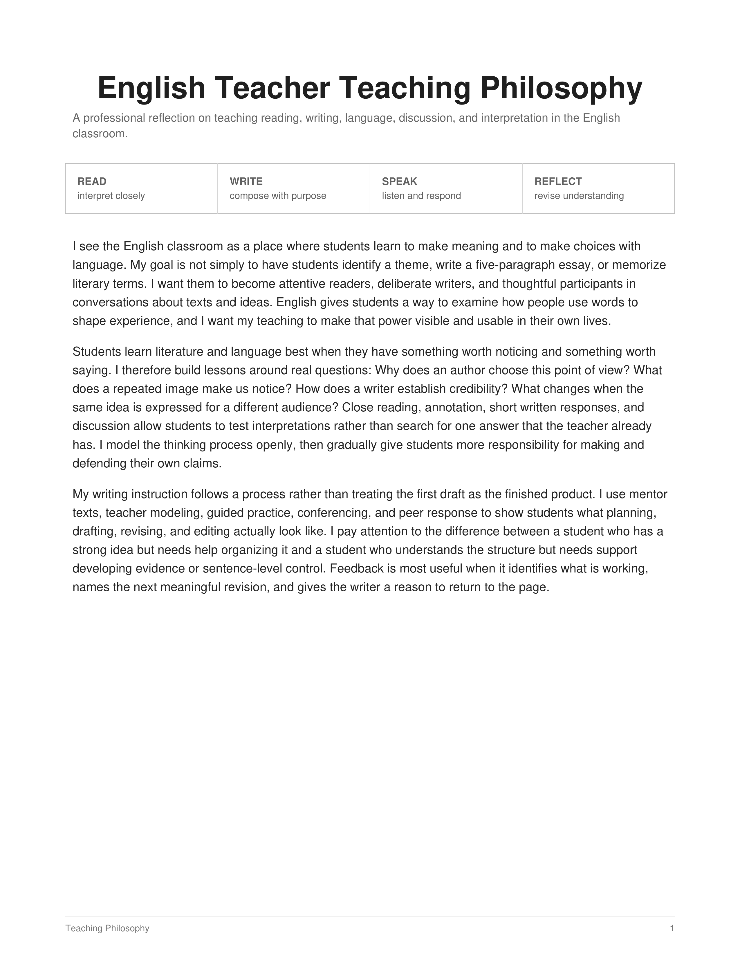 English Teacher Teaching Philosophy — page 1
