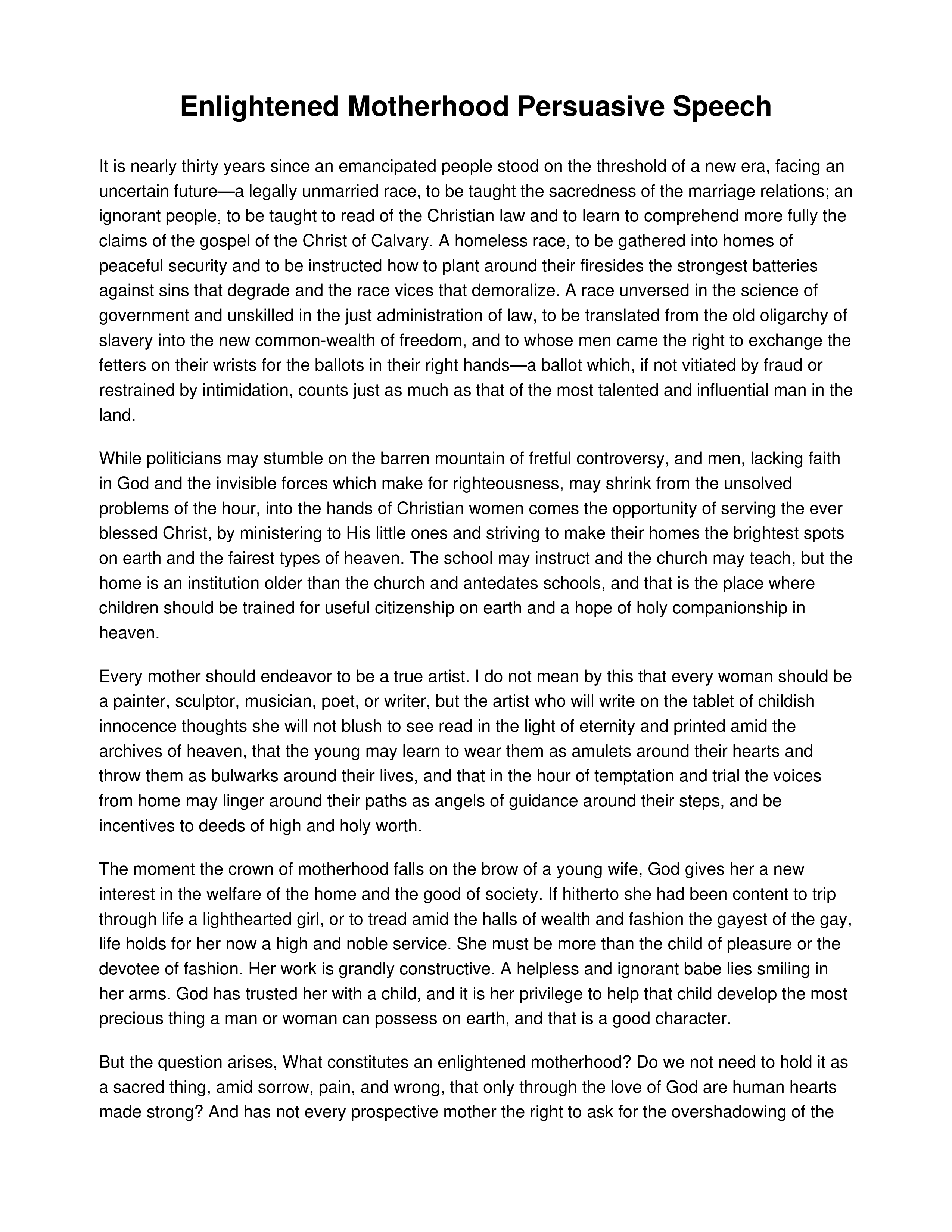 Enlightened Motherhood Persuasive Speech — page 1