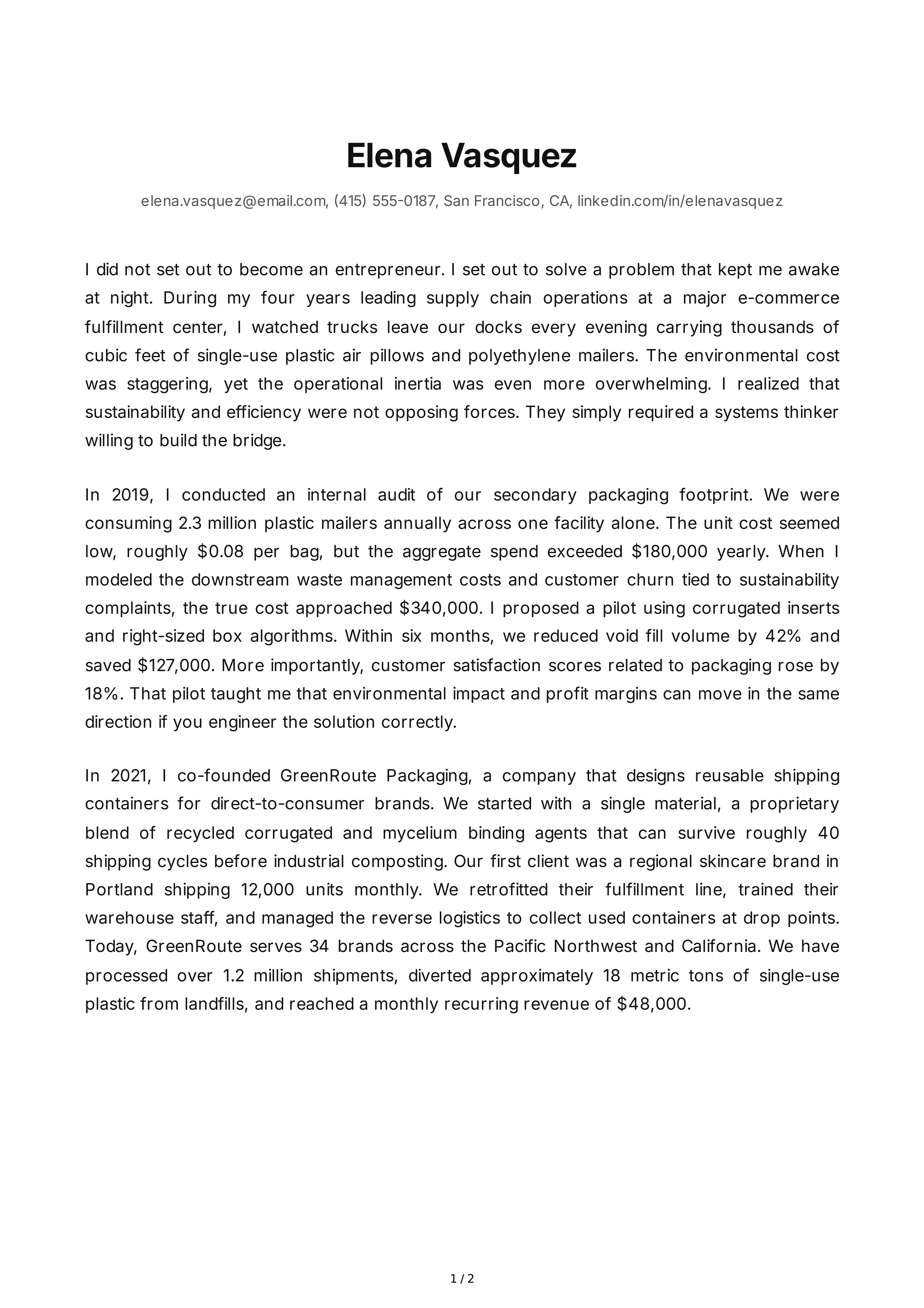 Entrepreneurship Personal Statement — page 1