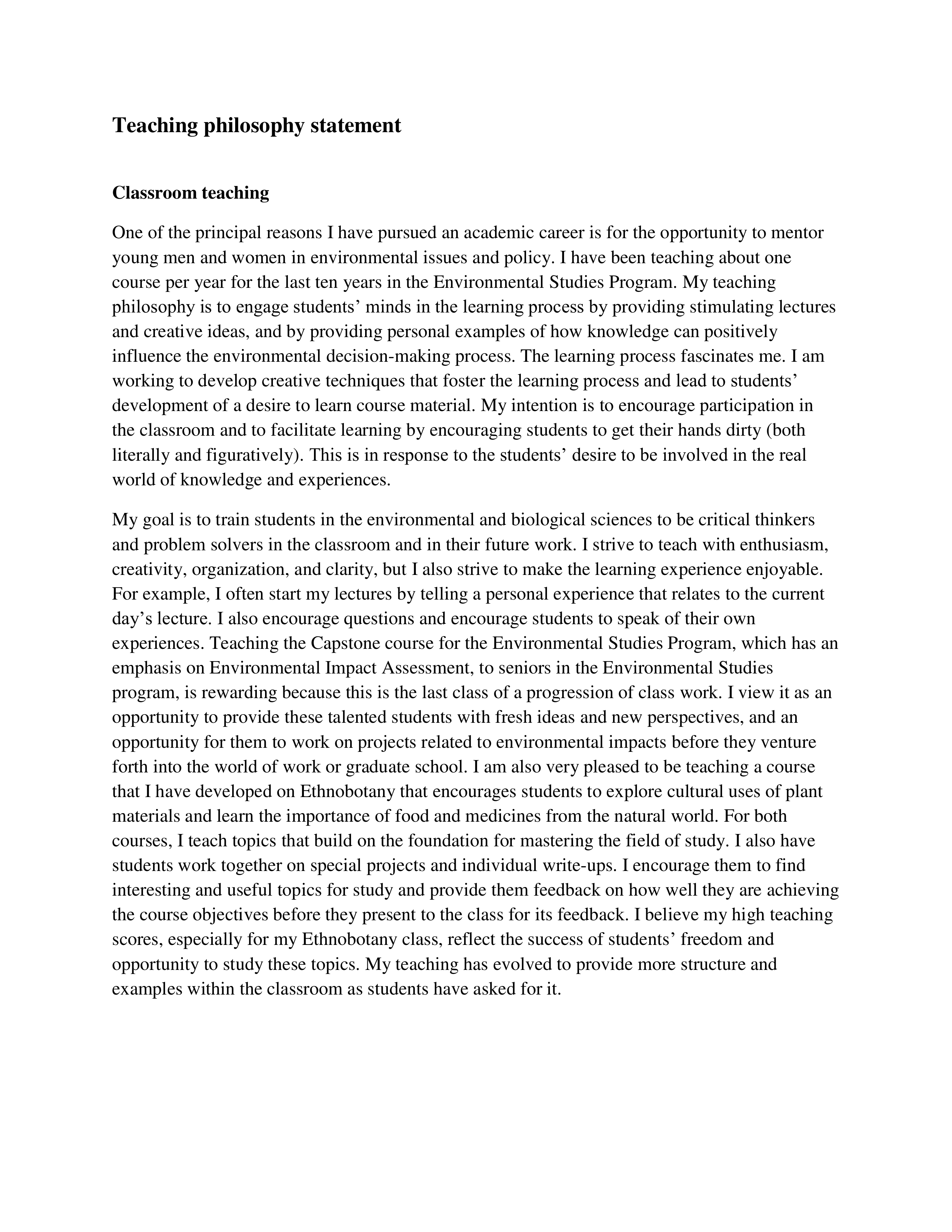 Environmental Studies Teaching Philosophy Statement — page 1