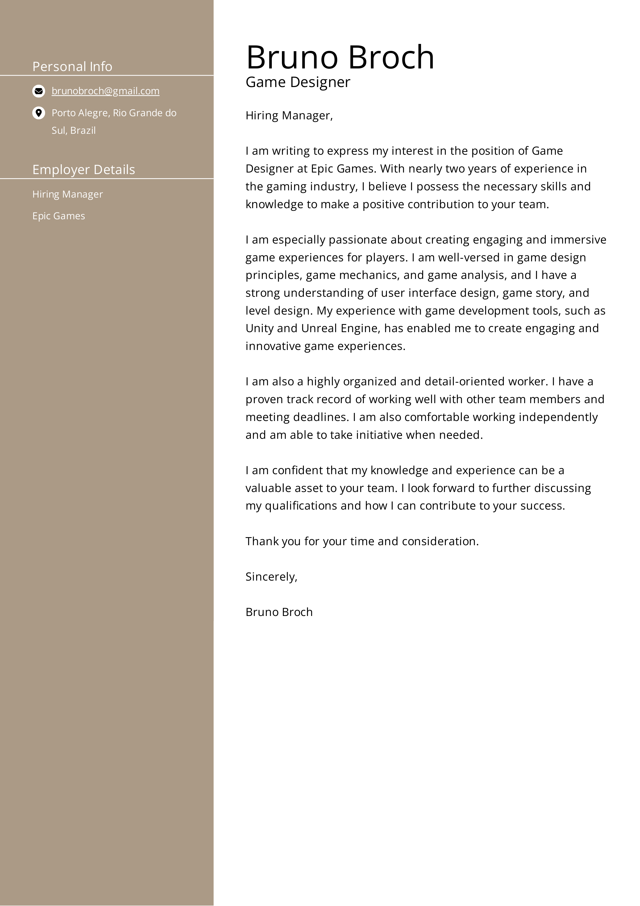 Epic Games Game Designer Cover Letter — page 1