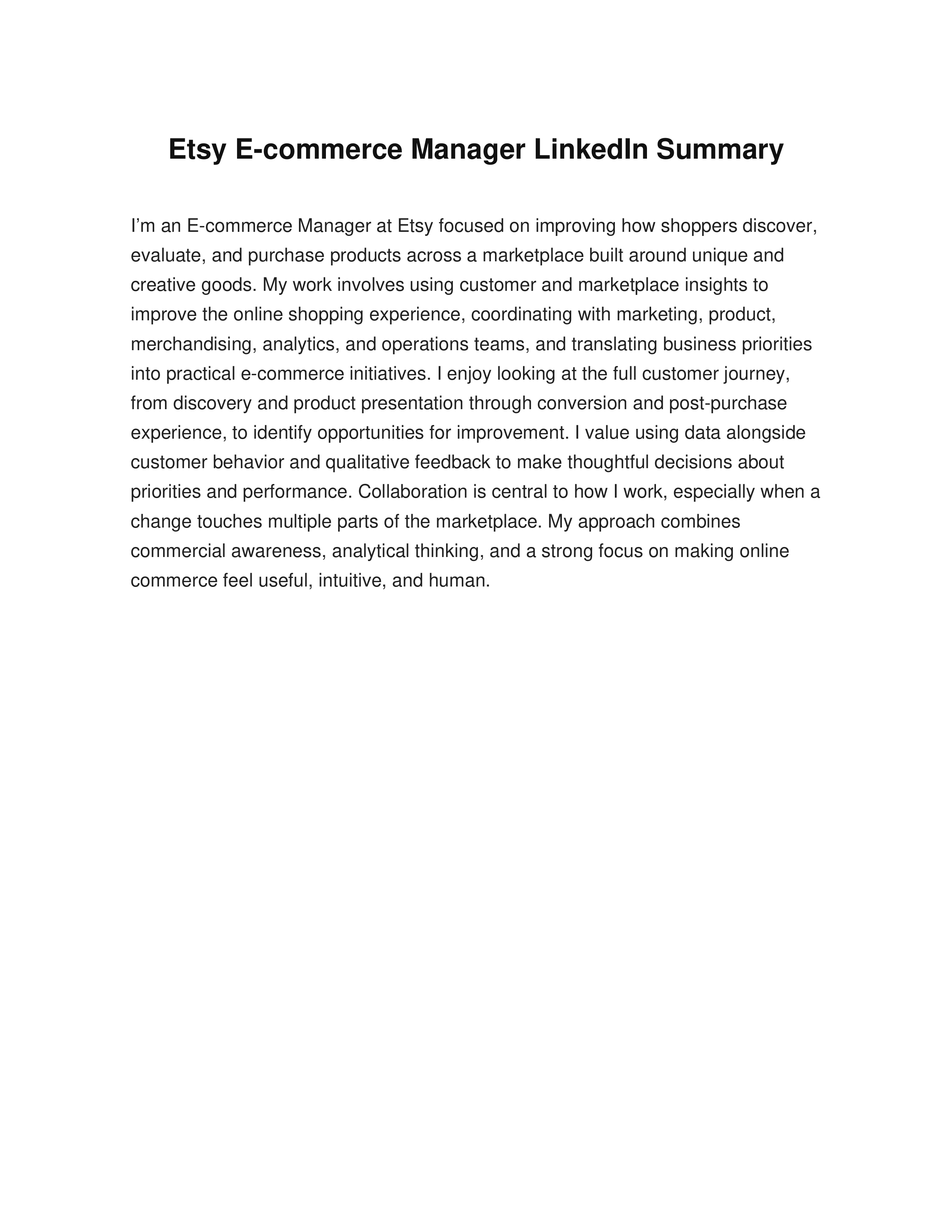 Etsy E-commerce Manager LinkedIn Summary — page 1