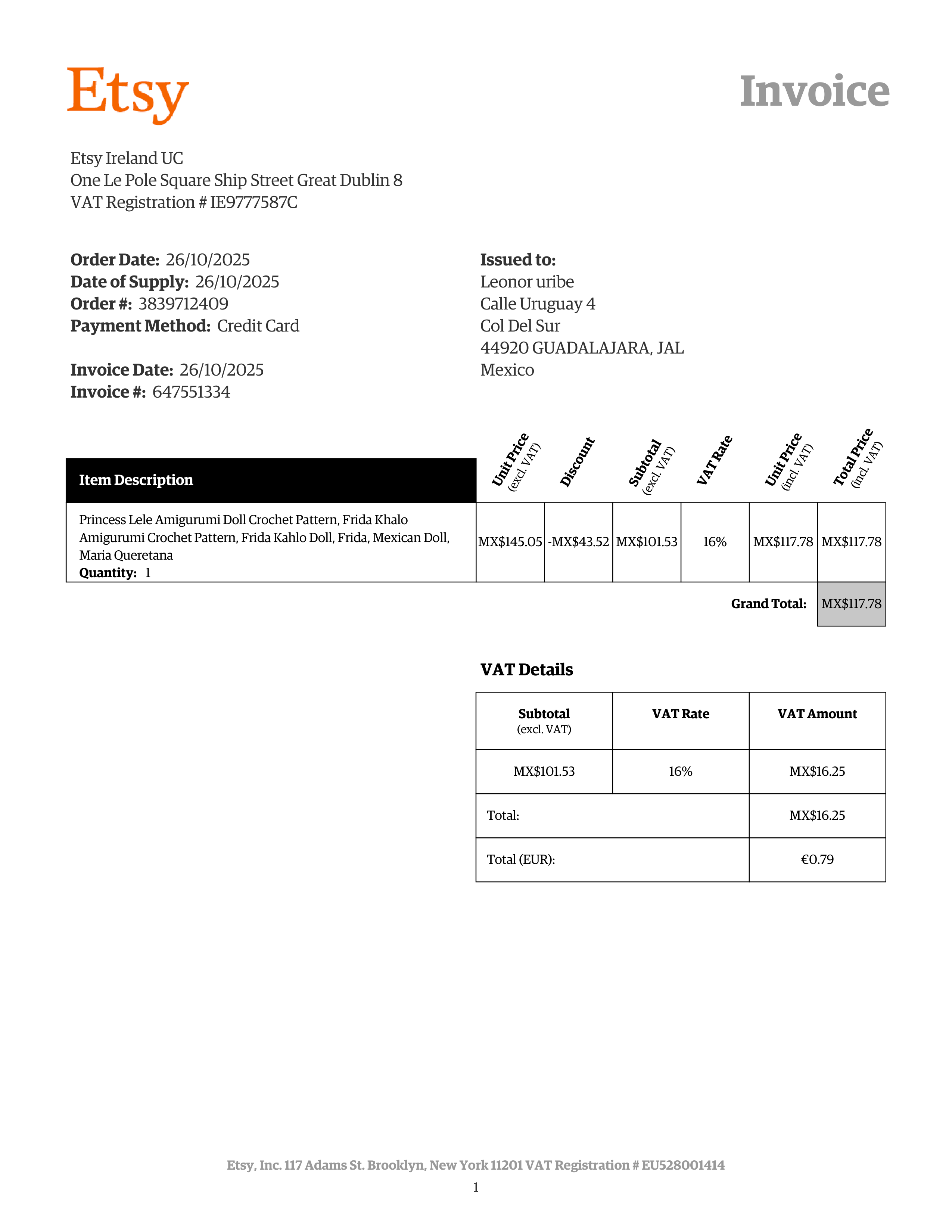 Etsy Purchase Invoice — page 1