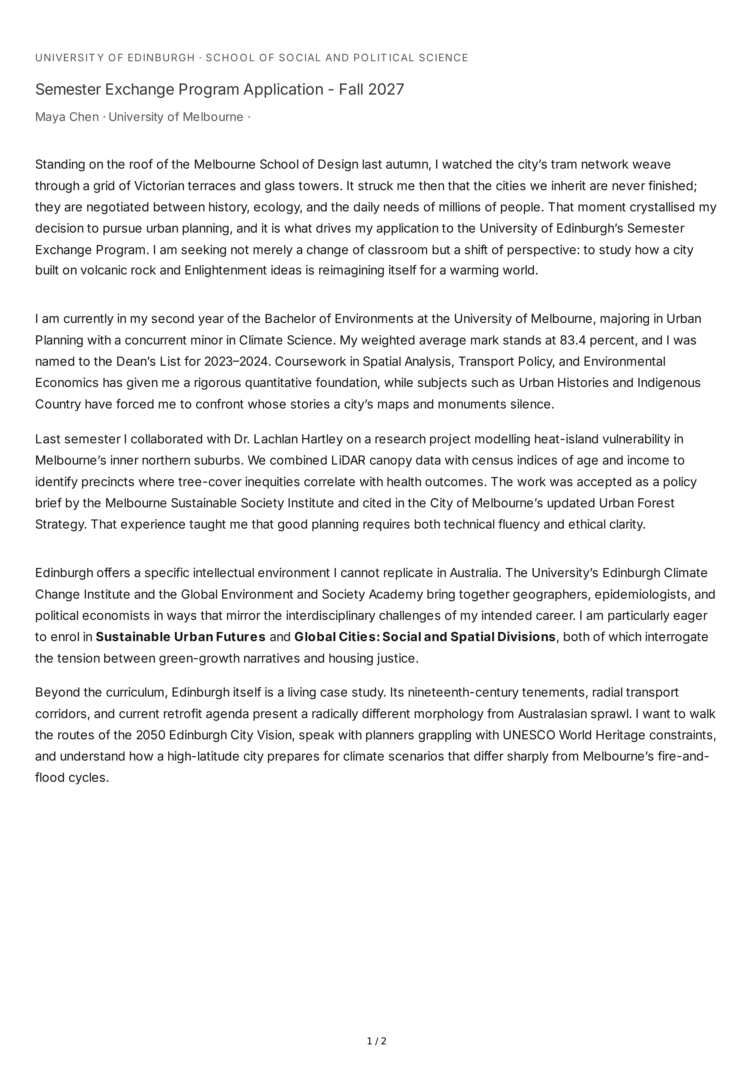 Exchange Program Personal Statement — page 1