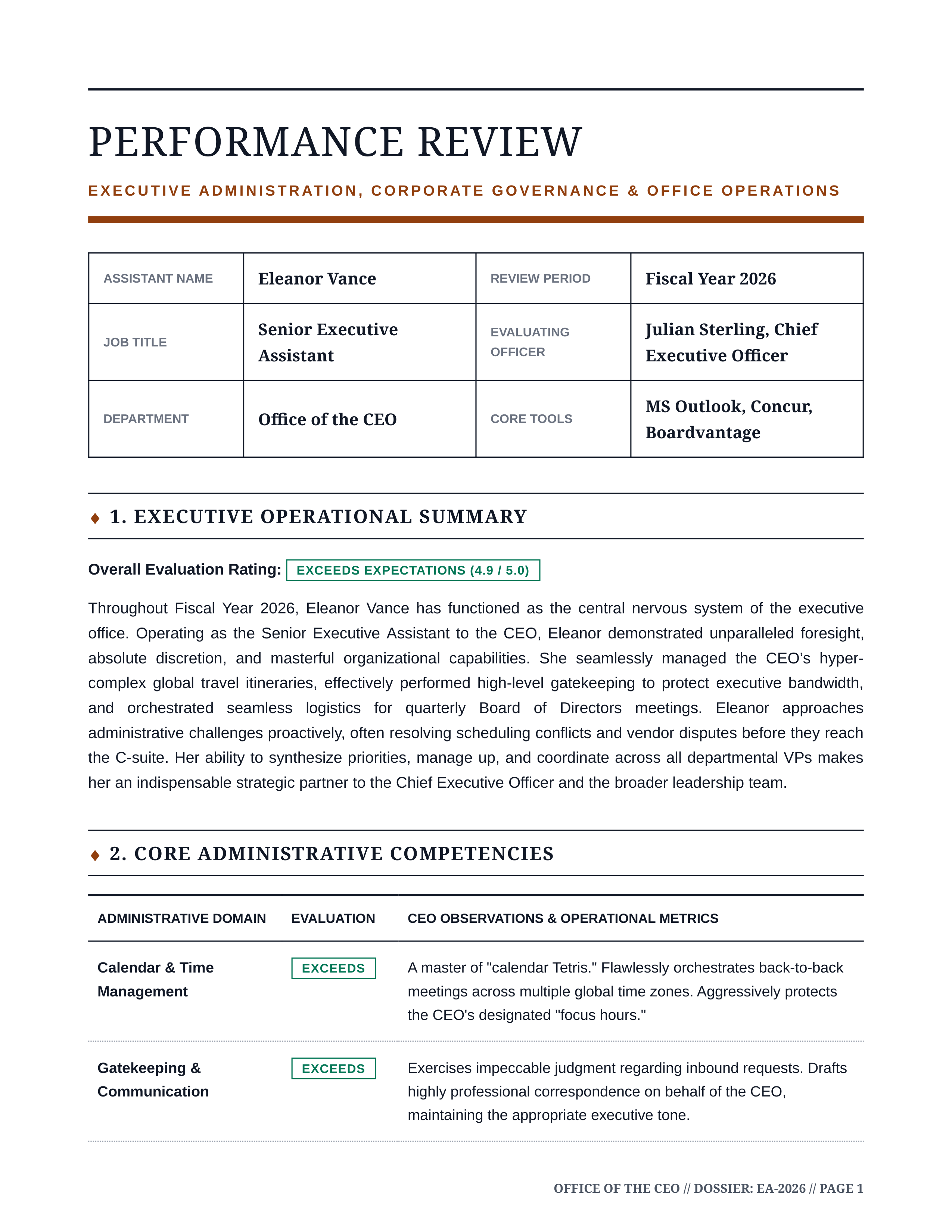 Executive Assistant Performance Review — page 1