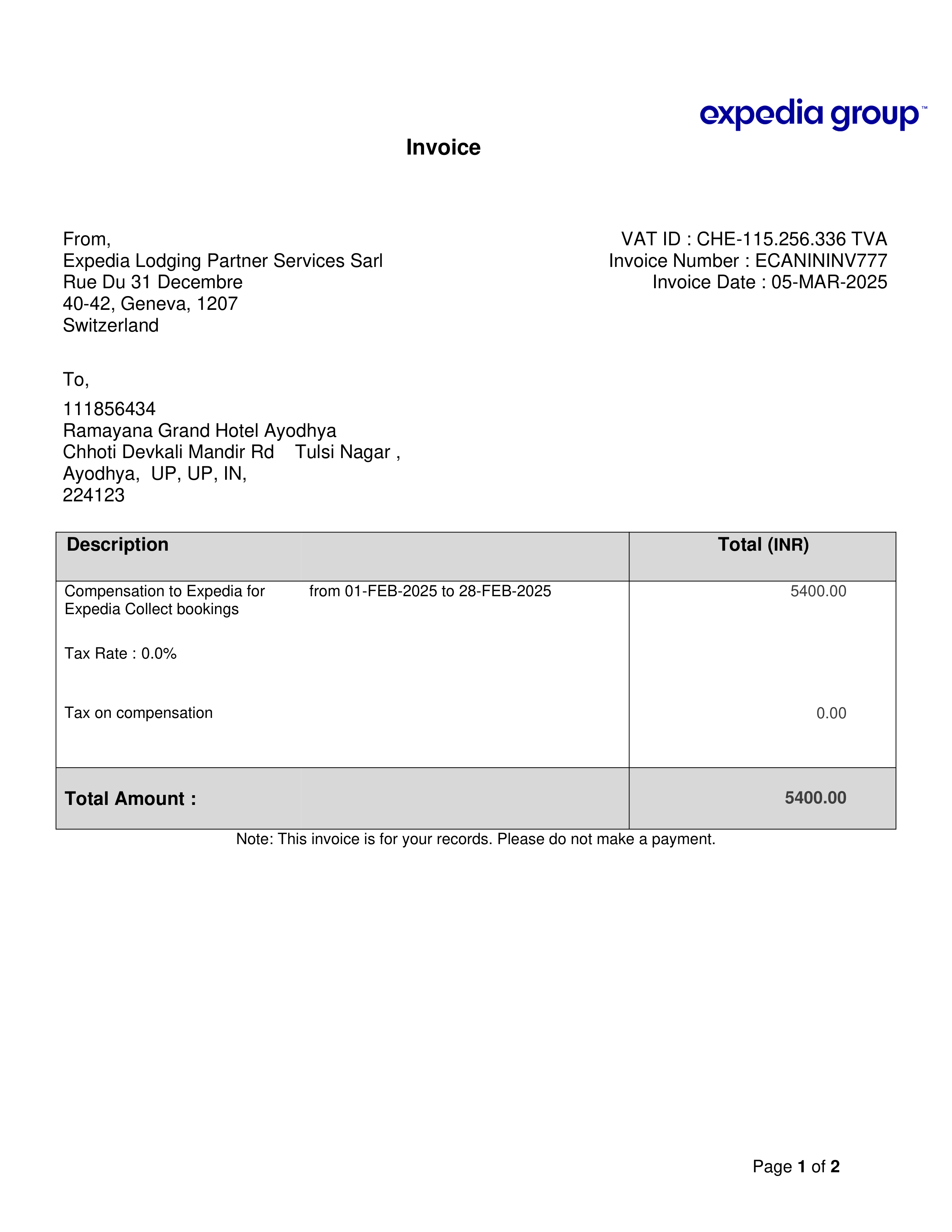 Expedia Partner Commission Invoice — page 1