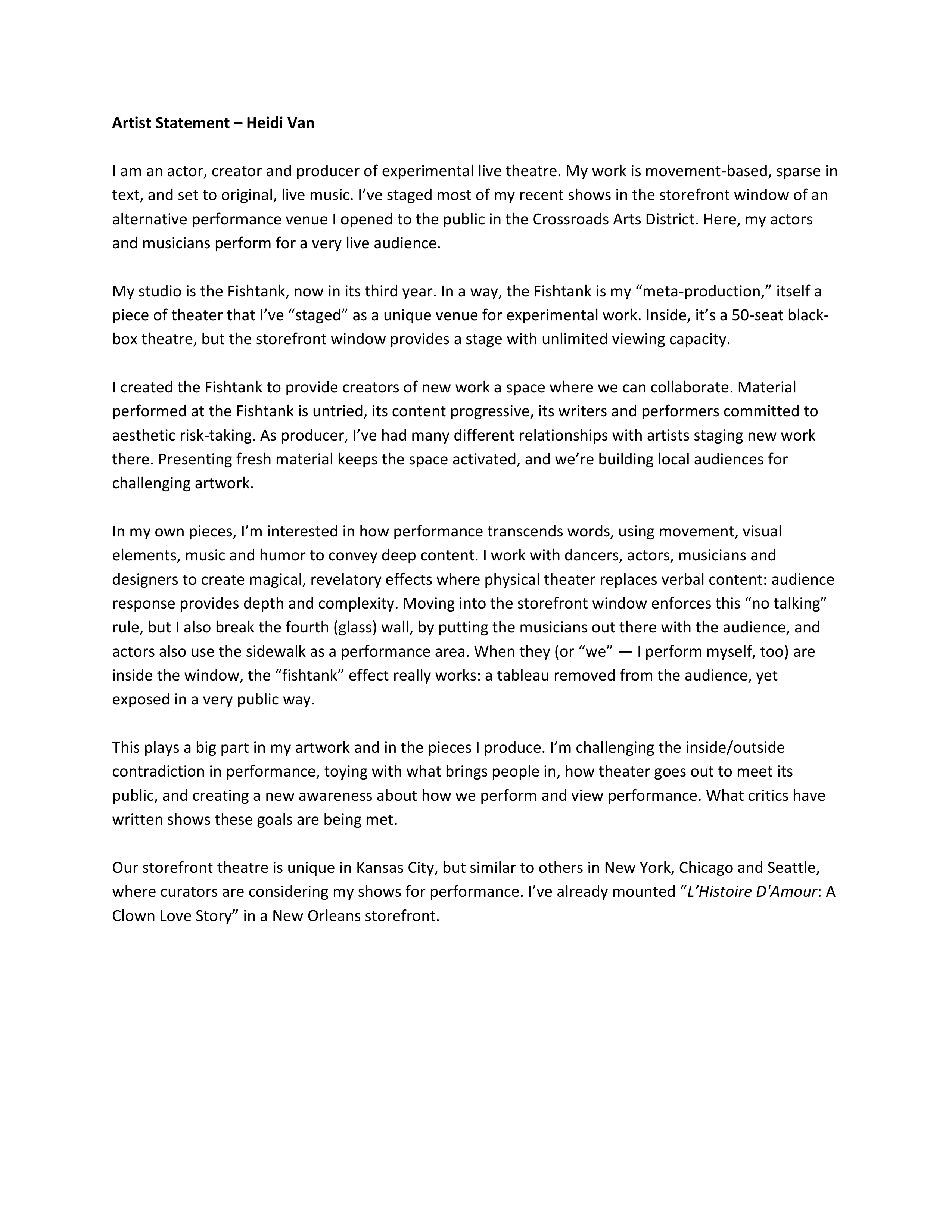 Experimental Theatre Artist Statement — page 1