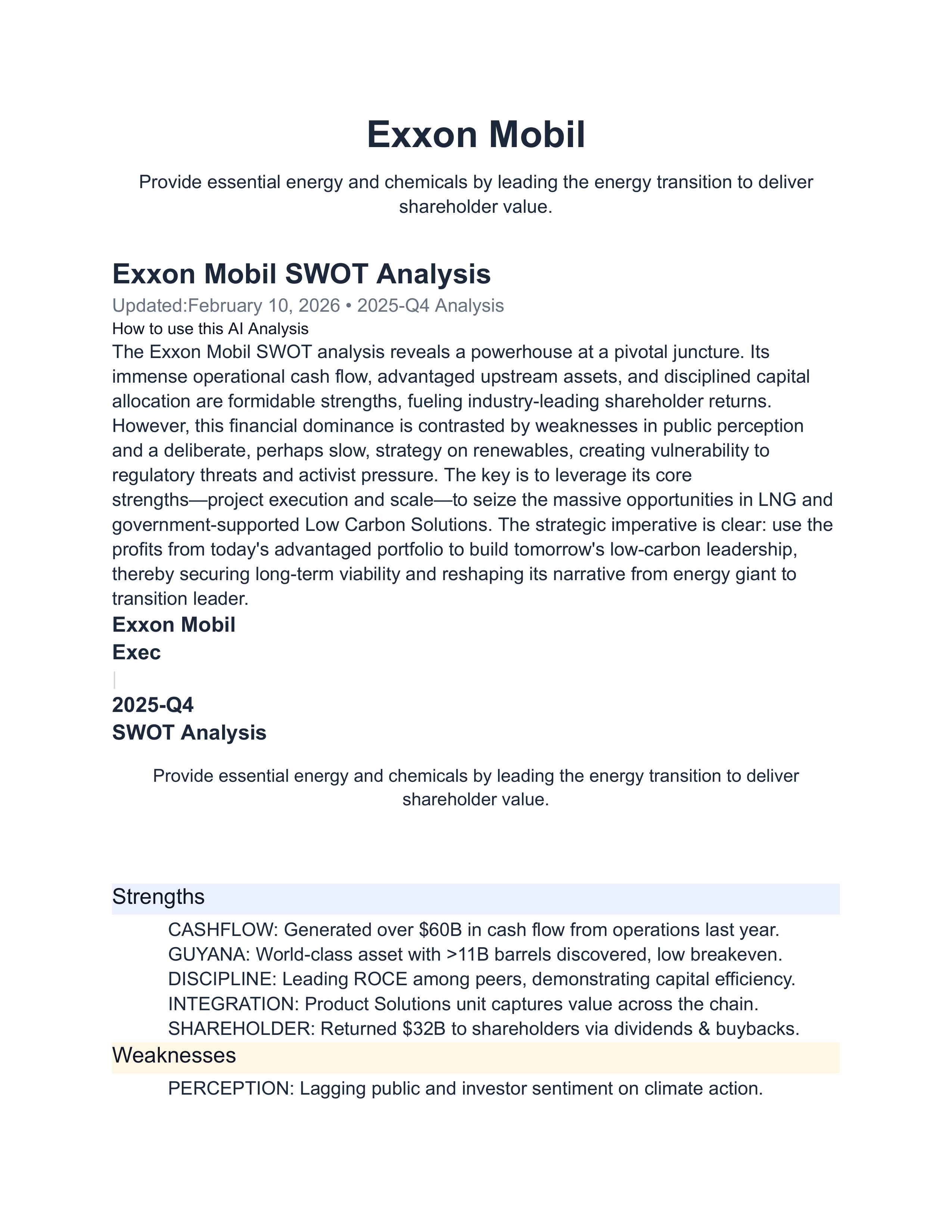 Exxon Mobil SWOT Analysis  — page 1