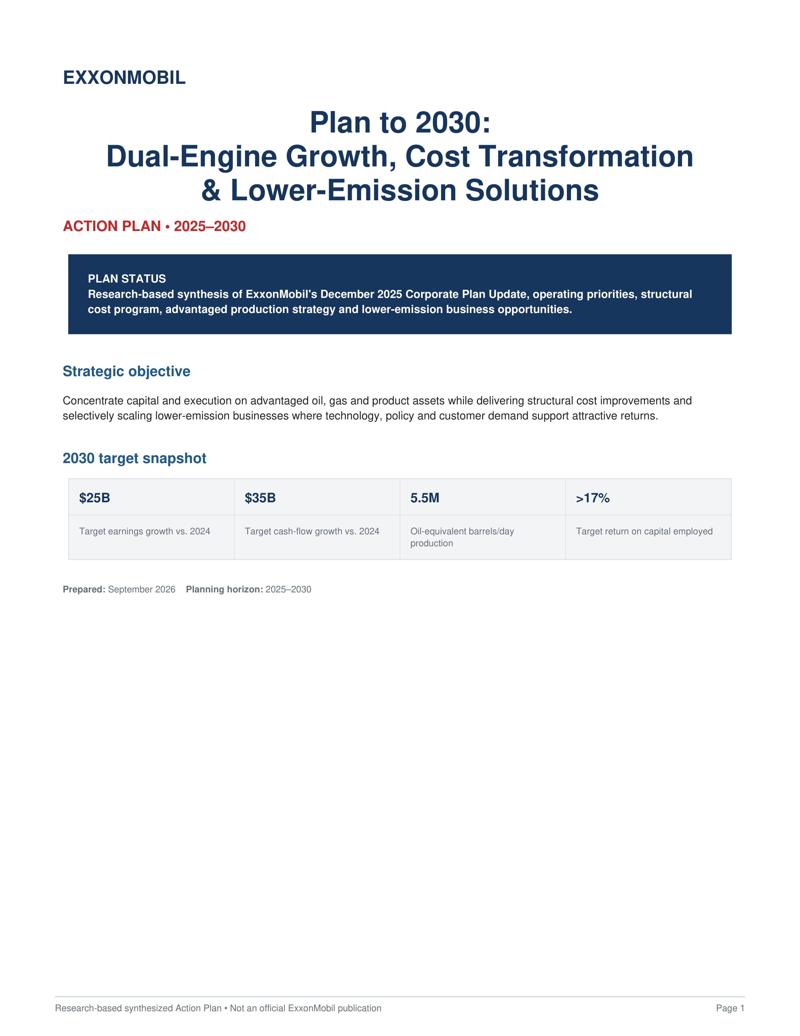ExxonMobil 2030 Corporate Strategy & Execution Action Plan — page 1