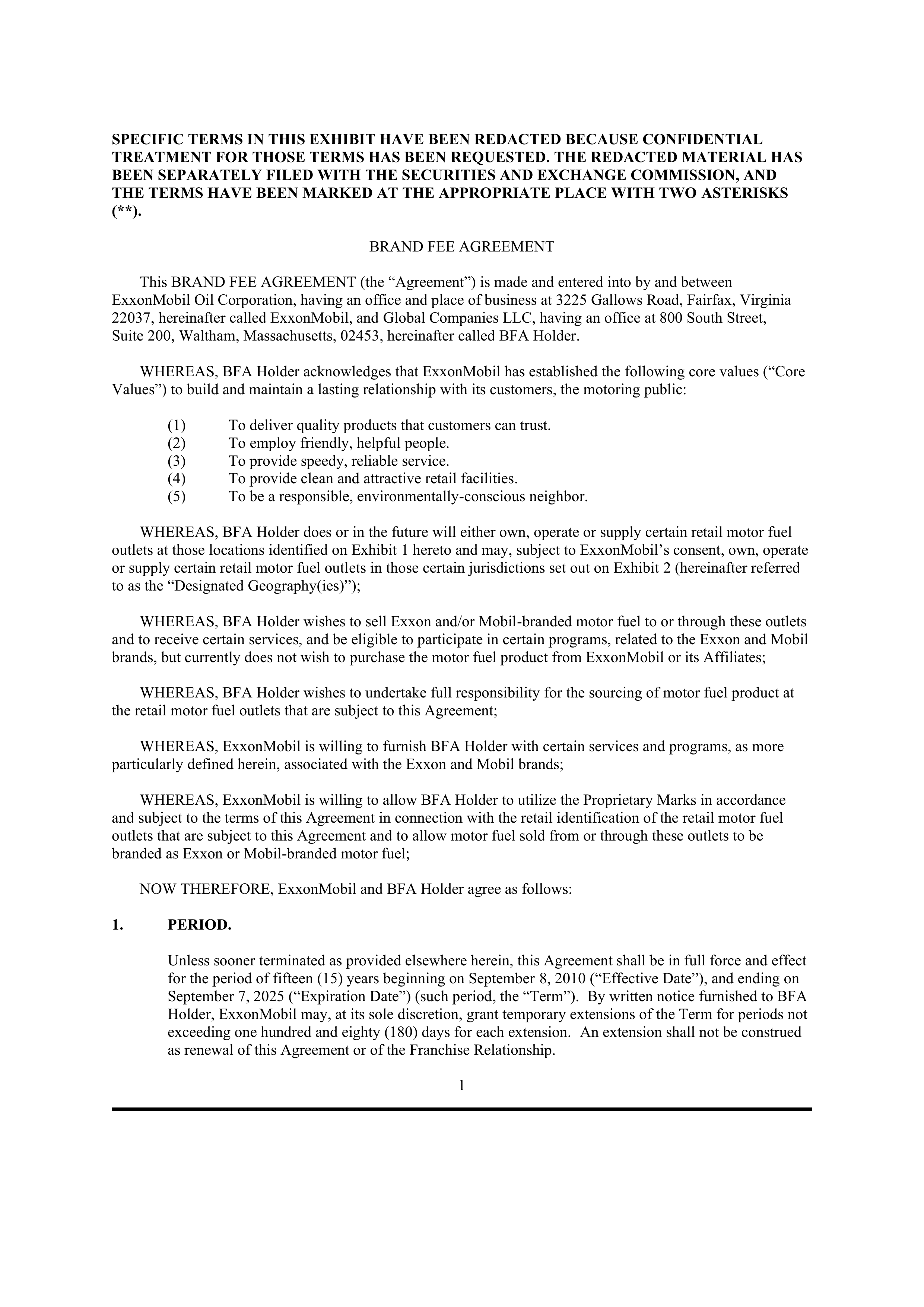 ExxonMobil Brand Fee Agreement — page 1
