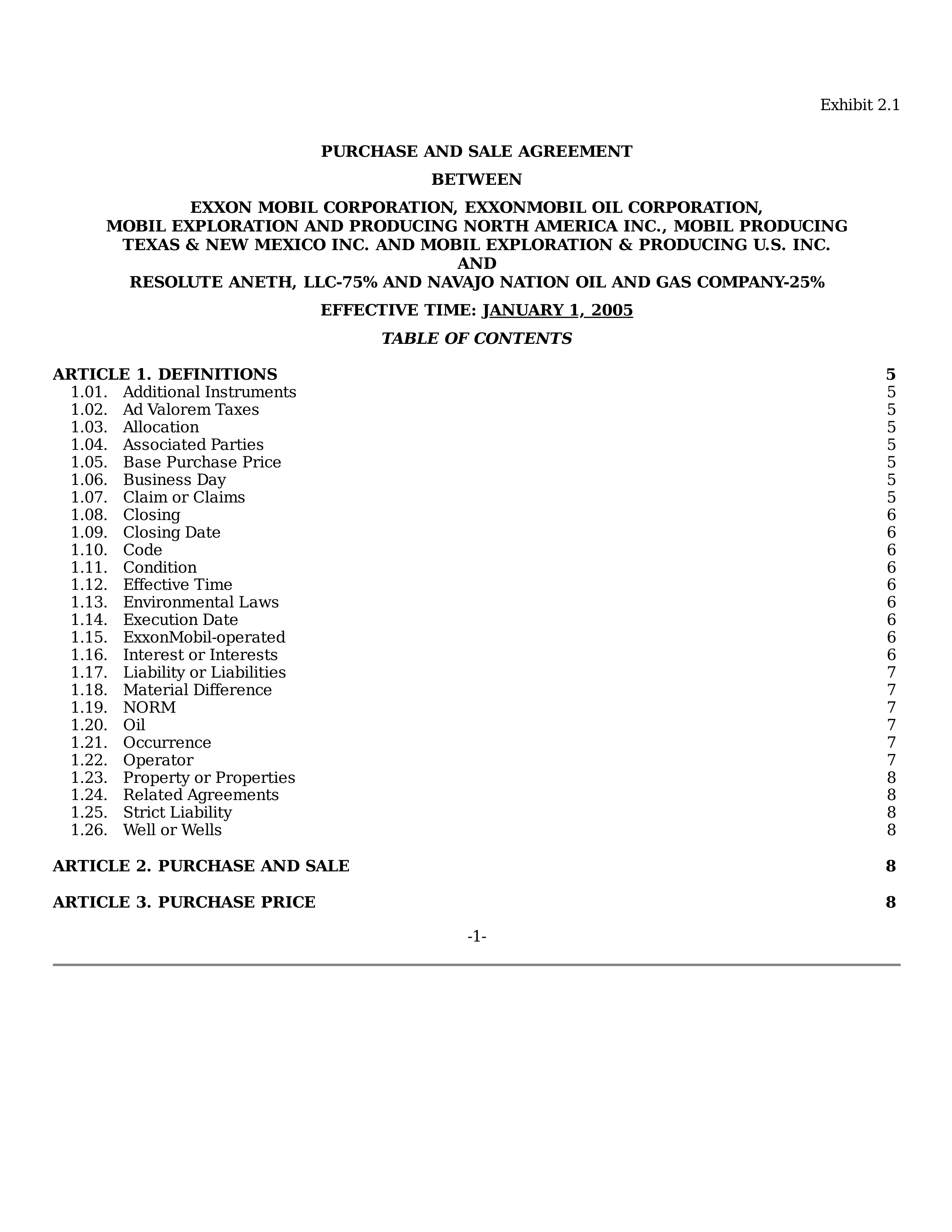 ExxonMobil Purchase and Sale Agreement — page 1