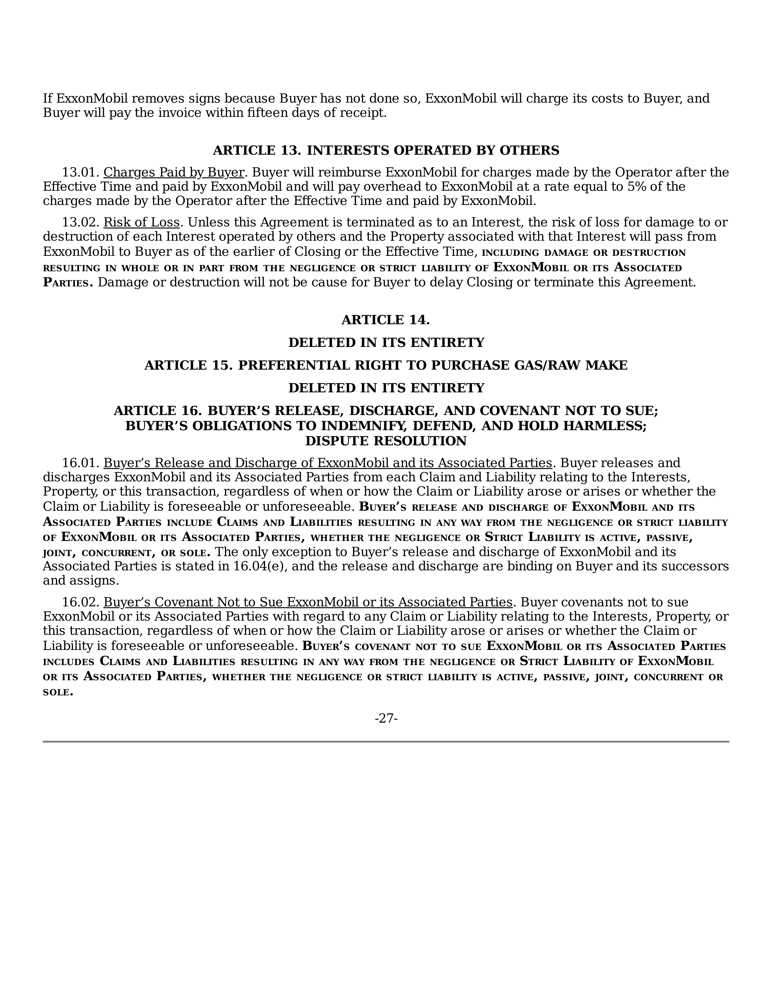 ExxonMobil Purchase and Sale Agreement — page 27