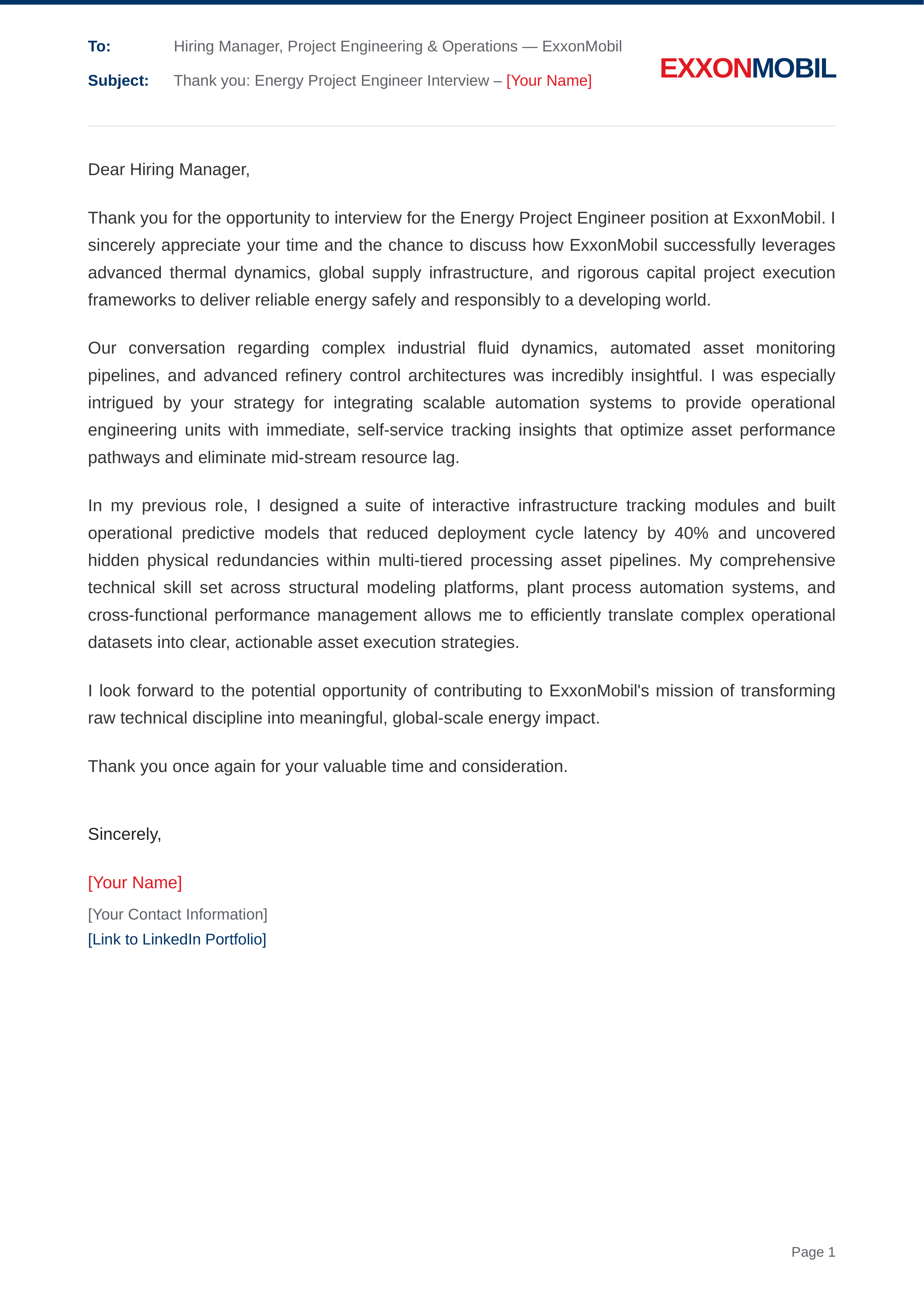 Exxon Mobil Energy Project Engineer — page 1