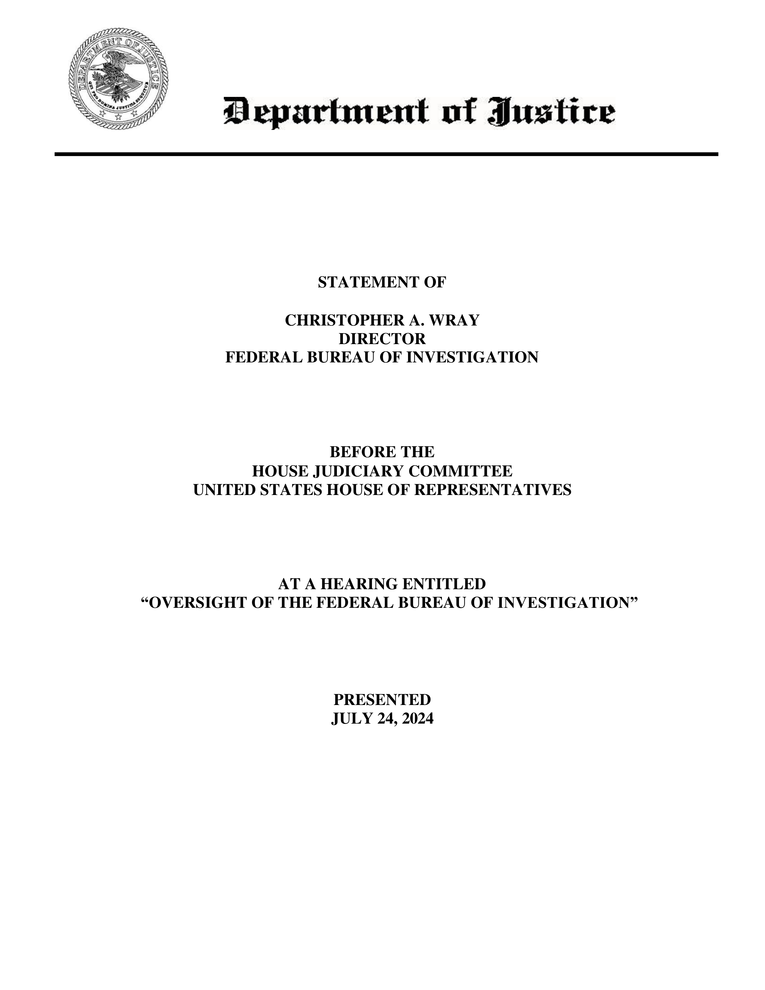 FBI Oversight Hearing Opening Statement — page 1