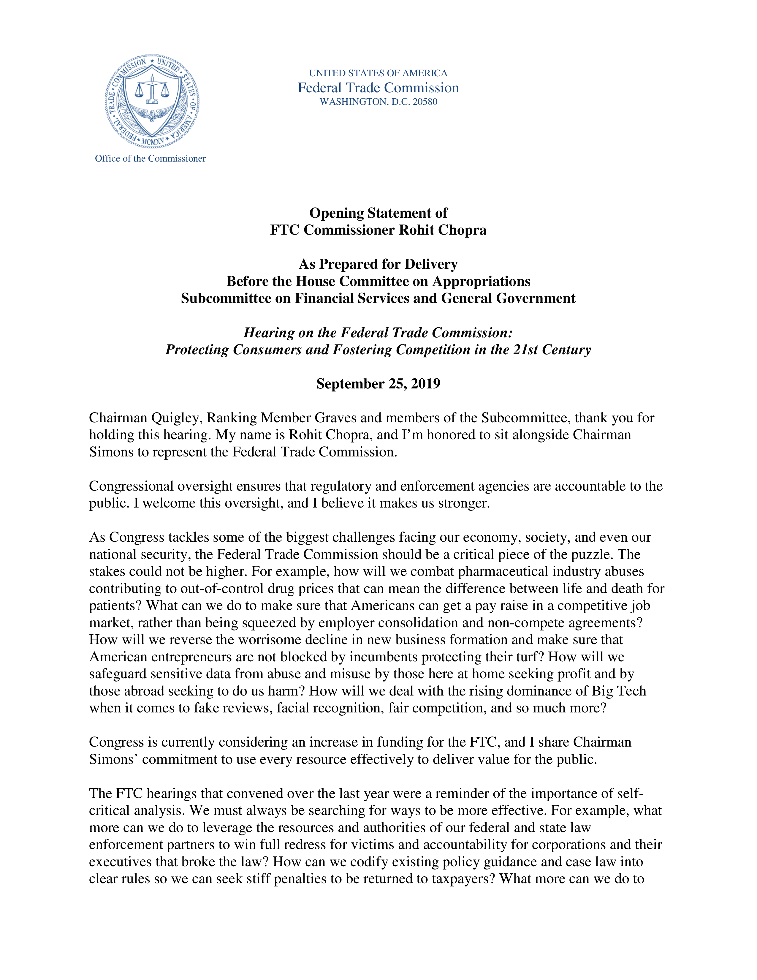 FTC Consumer Protection Hearing Opening Statement — page 1