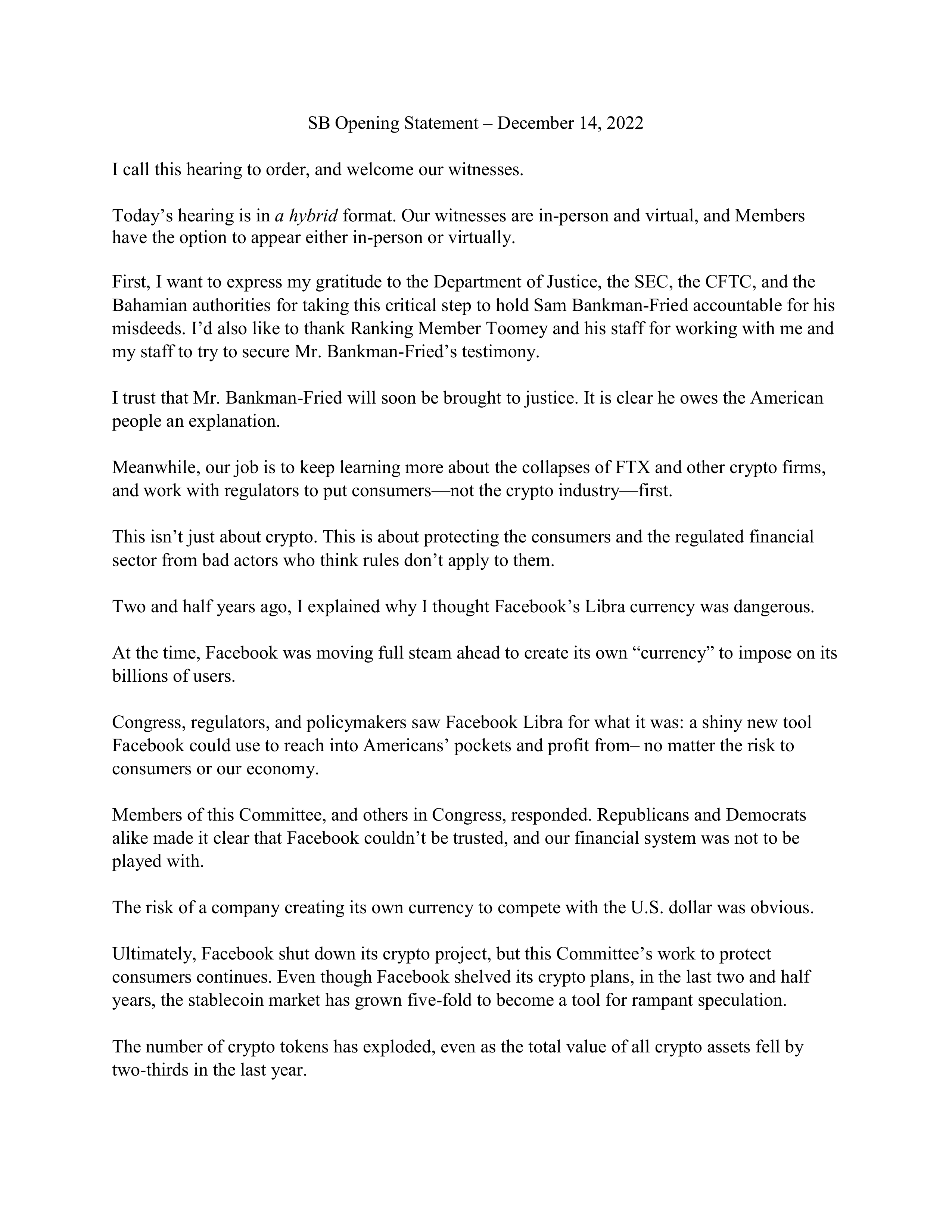 FTX Senate Opening Statement — page 1