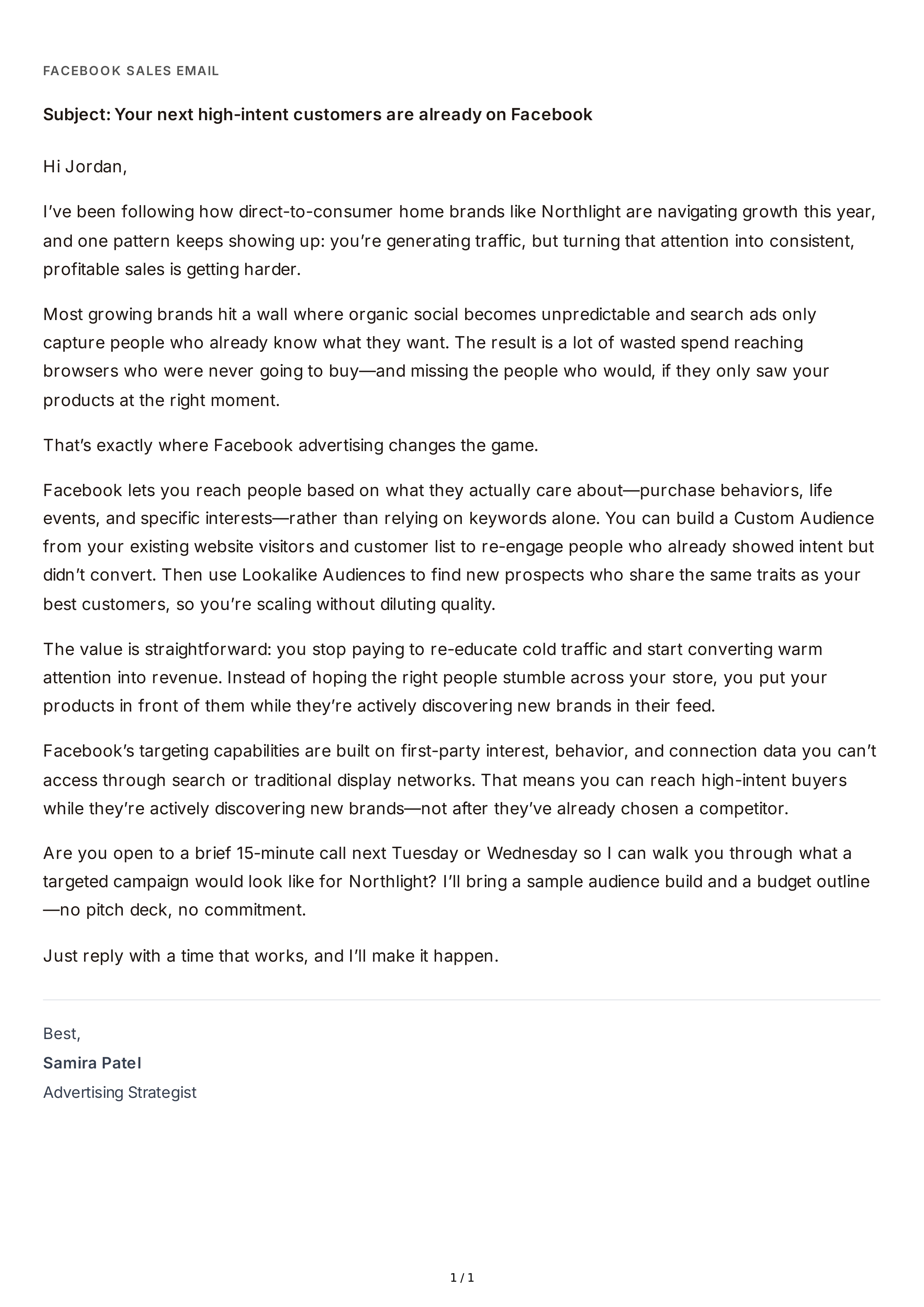 Facebook Sales Email — page 1