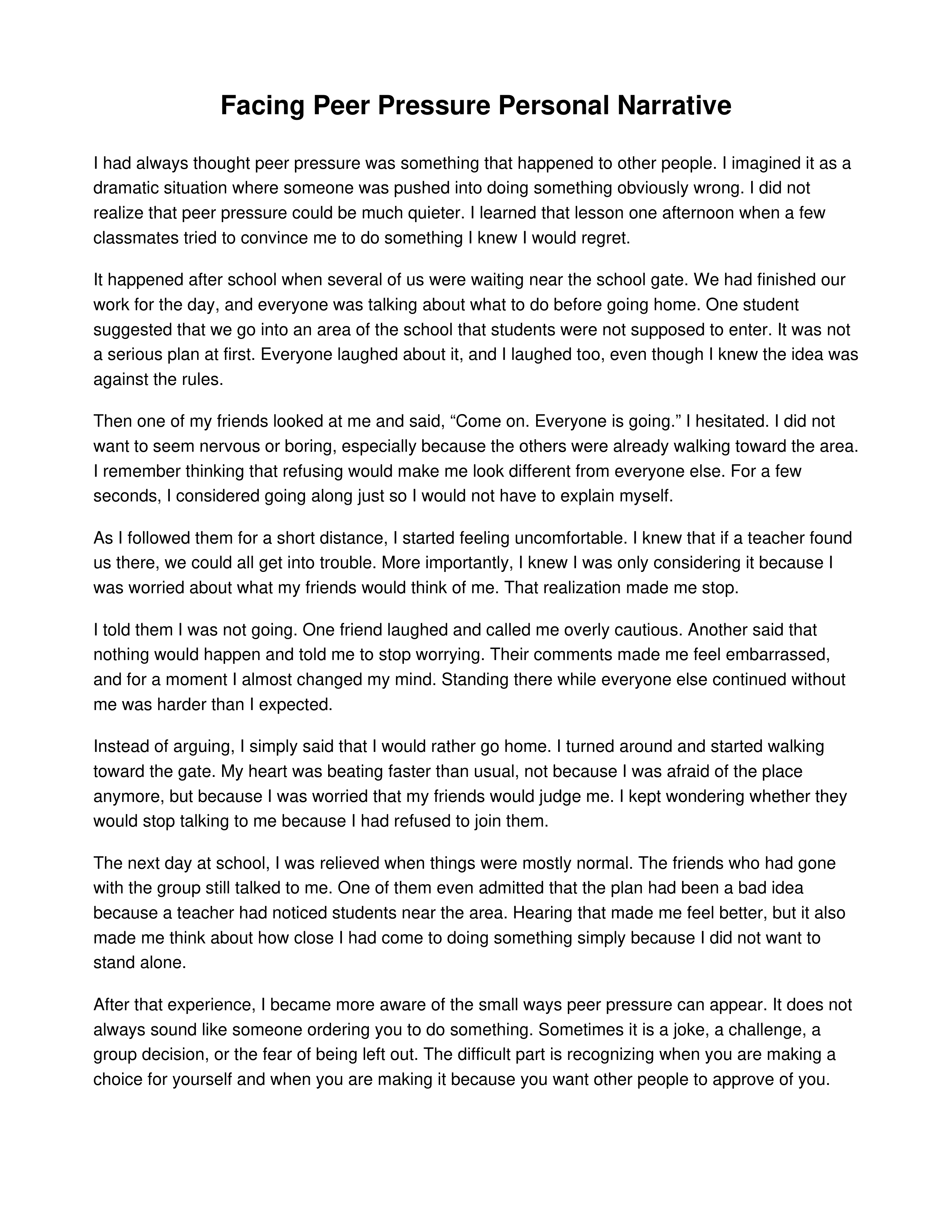 Facing Peer Pressure Personal Narrative — page 1