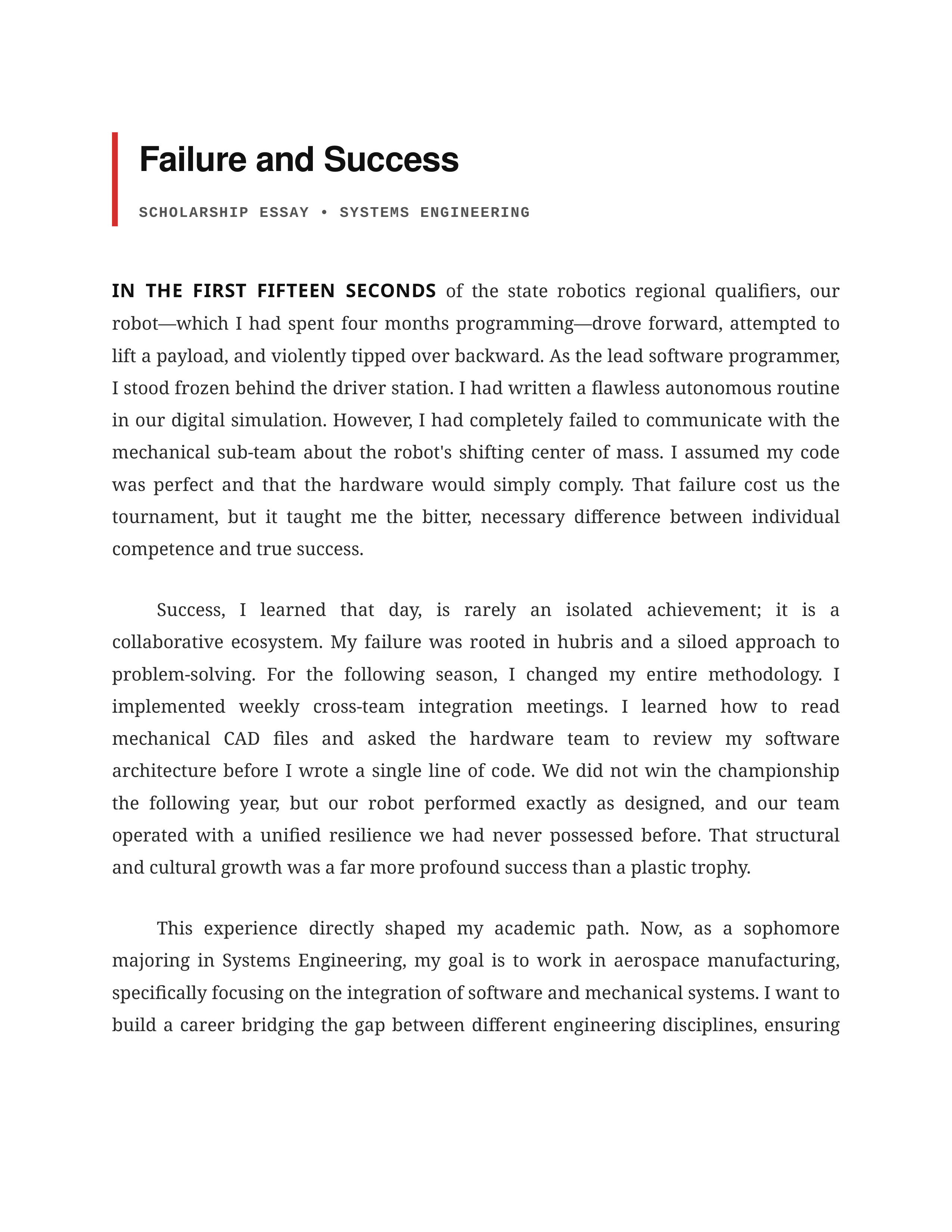 Failure and Success Scholarship Essay — page 1