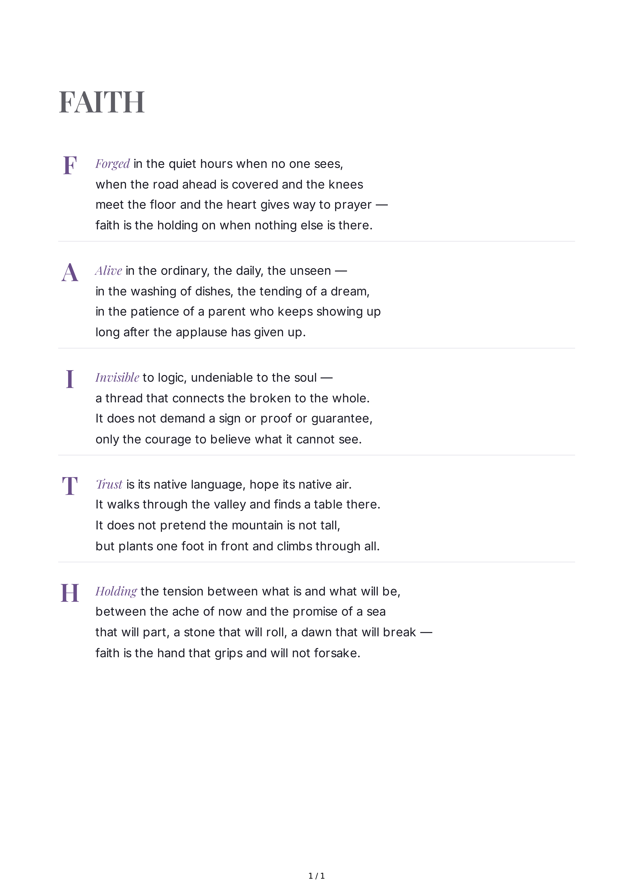 Faith Acrostic Poem — page 1