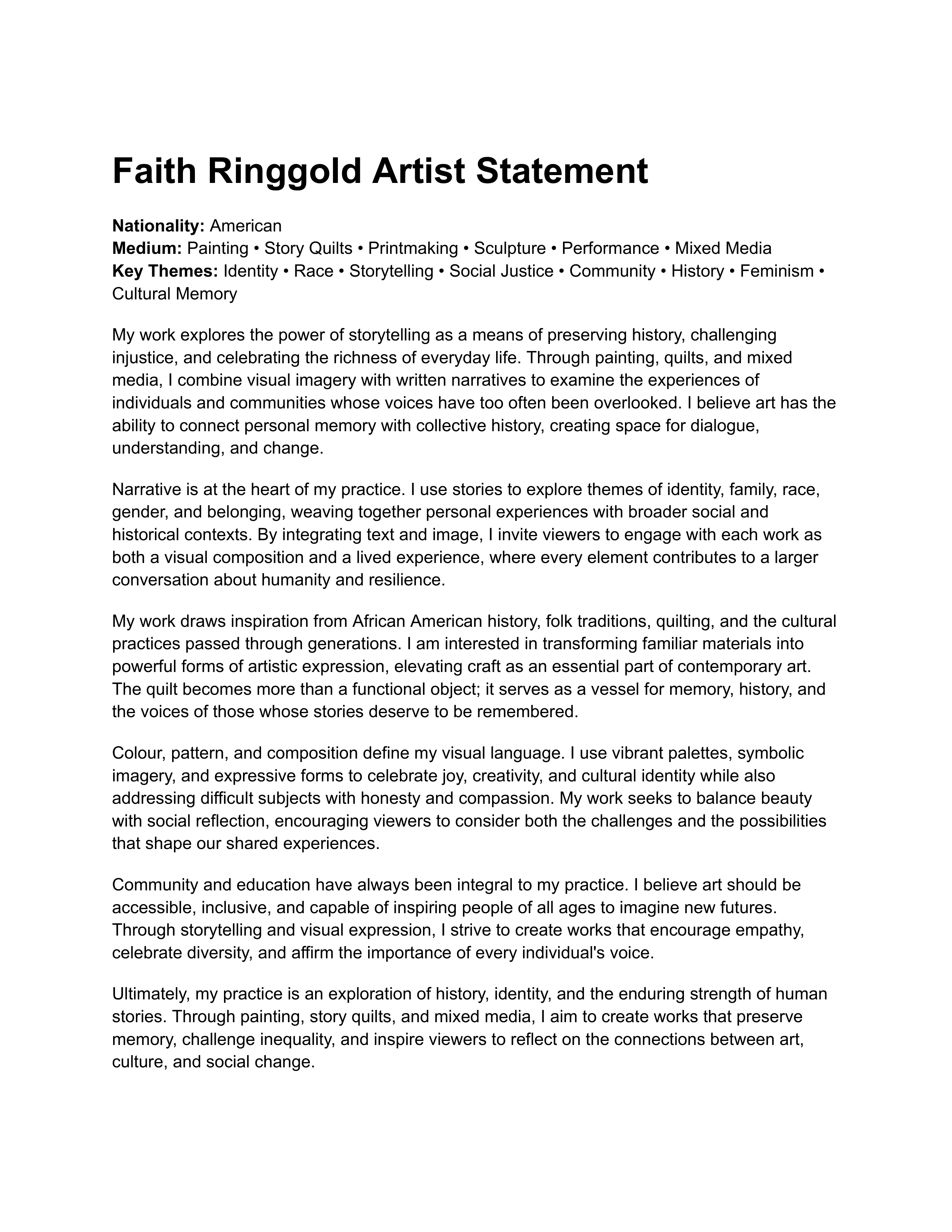 Faith Ringgold Artist Statement — page 1