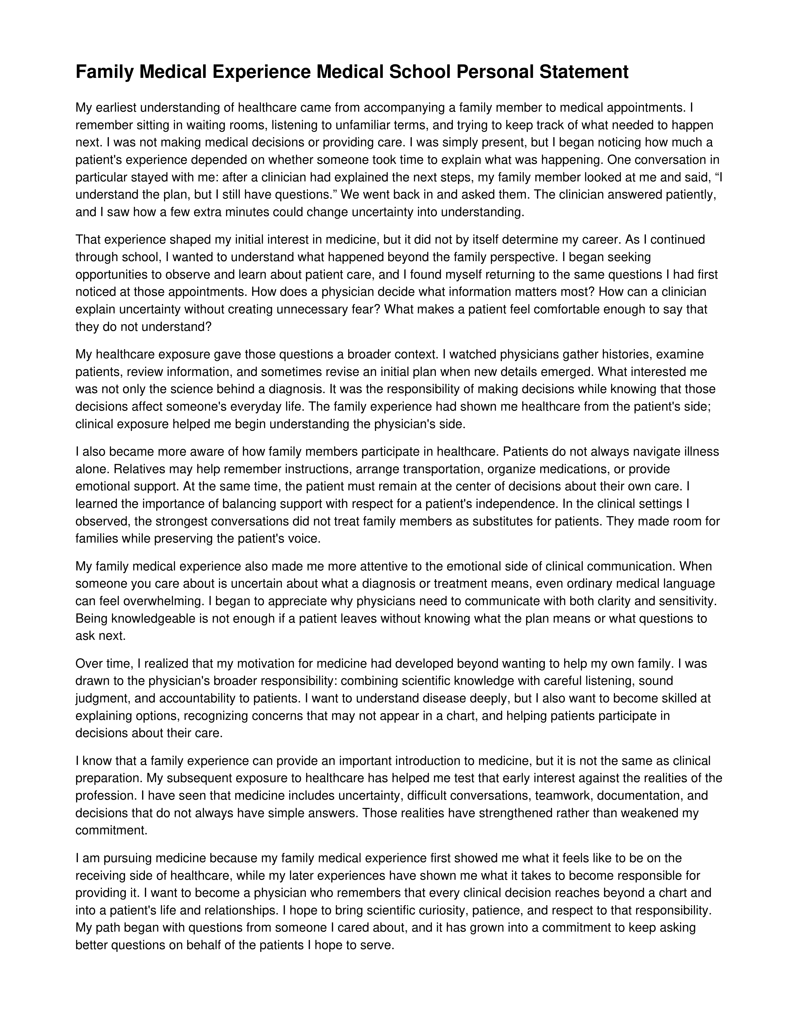 Family Medical Experience Medical School Personal Statement — page 1